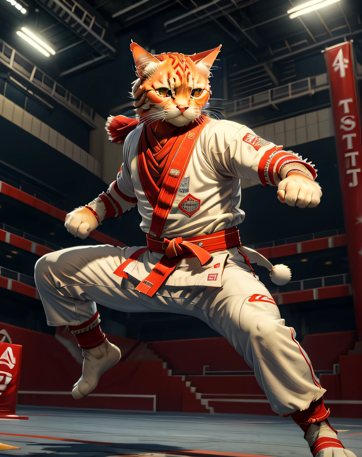 (masterpiece, best quality, beautiful RAW photography:1.4), c4ttitude, wearing white karate outfit, red bandana, focusing energy, street fighter, dynamic pose, dramatic lighting, photorealistic, intricate, highly detailed, (detailed sports arena background:1.1), wallpaper, 8k, trending on artstation