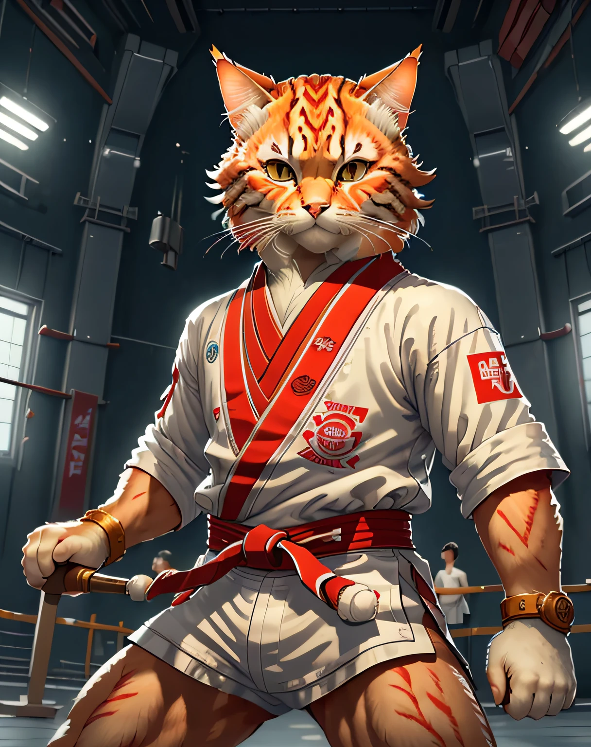 (masterpiece, best quality, beautiful RAW photography:1.4), c4ttitude, wearing white karate outfit, red bandana, focusing energy, street fighter, dramatic lighting, photorealistic, intricate, highly detailed, (detailed sports arena background:1.1), wallpaper, 8k, trending on artstation