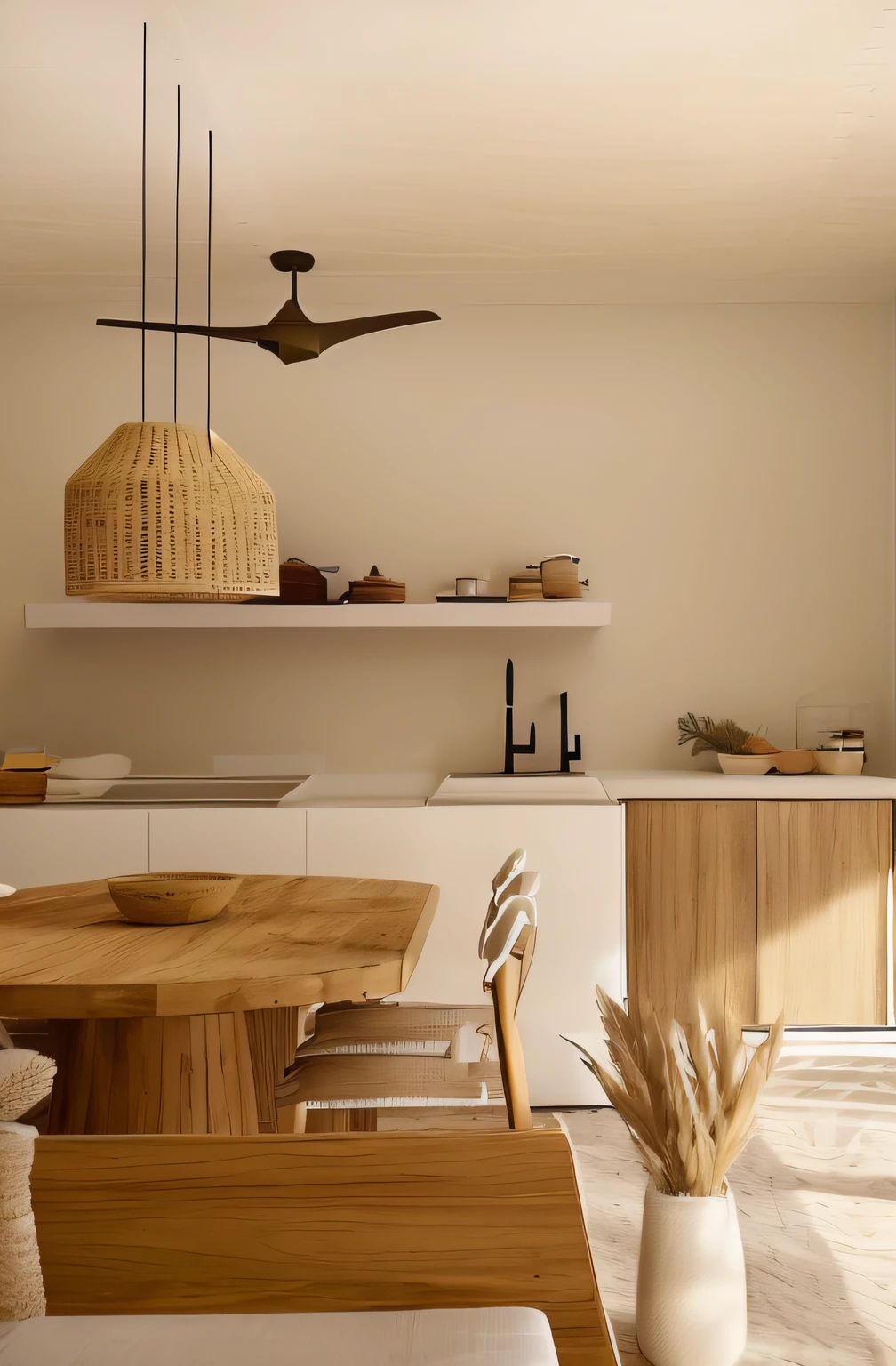 There is a table and chairs in a room with ceiling fan, cozinha minimalista, Terra Neutra Moderna, minimalista e bonito, tons terrosos sutis, detalhes em madeira, com pano de fundo de luz natural, Design minimalista limpo, Estilo sereno e tranquilo, esquema de cores creme e branco, Limpeza e texturas, moderno e minimalista, areia - paredes coloridas, esquema de cores marrom e branco