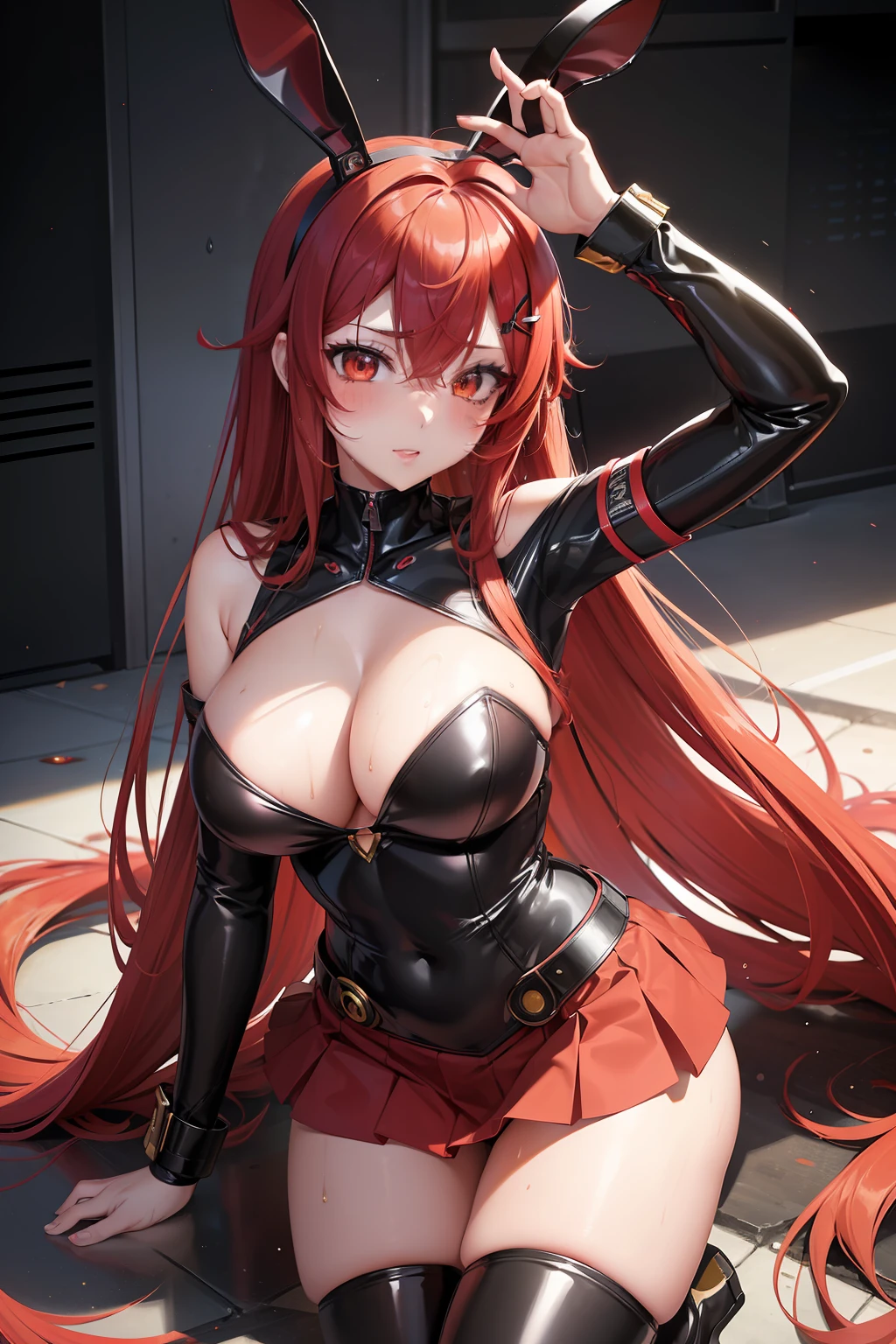 1 anime girl, red hair, black and red skirt, short clothes, breasts, cleavage, golden eyes, ray tracing, very long hair, masterpiece, hair between eyes, blush, partialy , sexy, dynamic poses, wet, bunny ears, bunny tail, highly detailed, cyberpunk suit