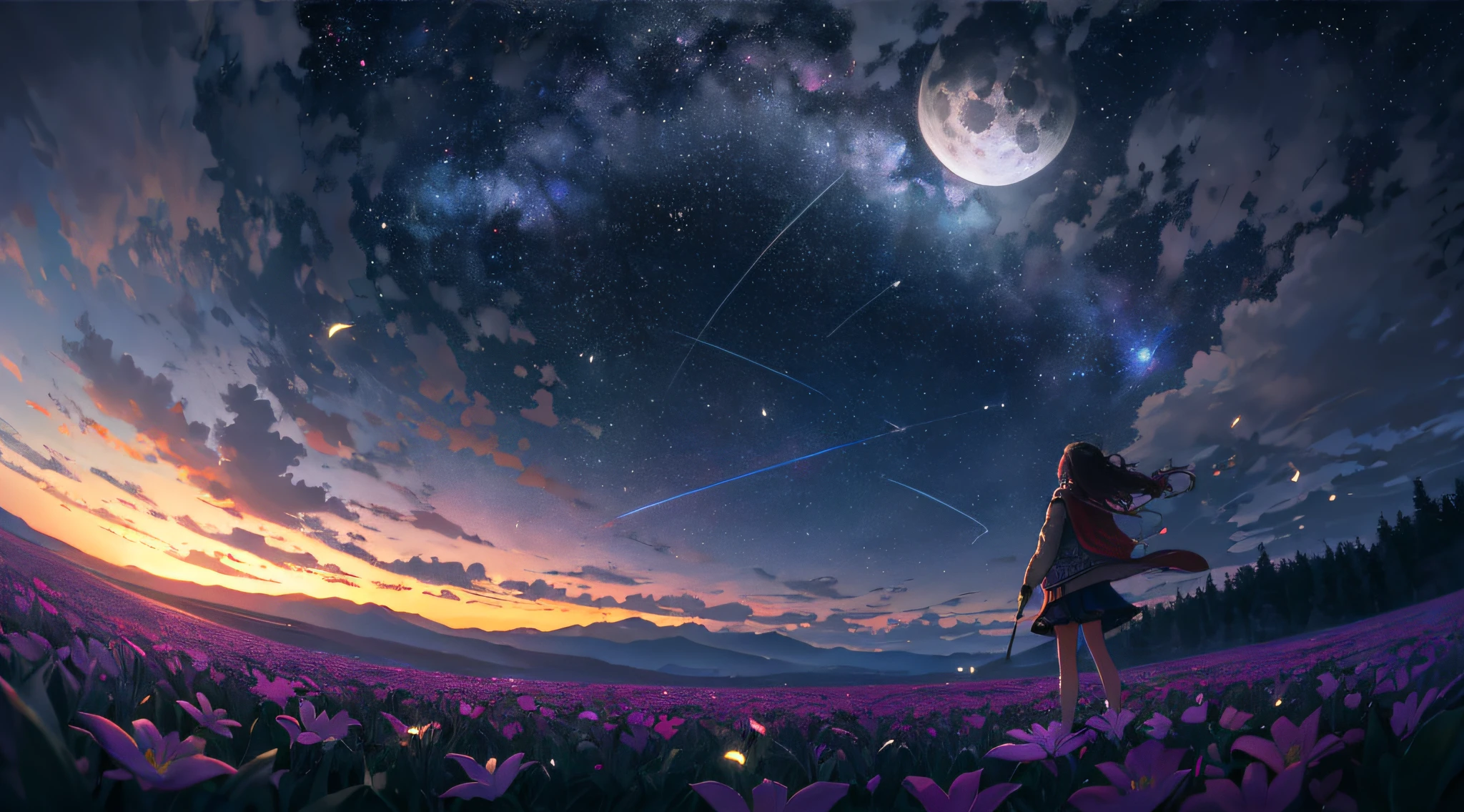 A girl standing in a field of flowers looking at the stars - SeaArt AI