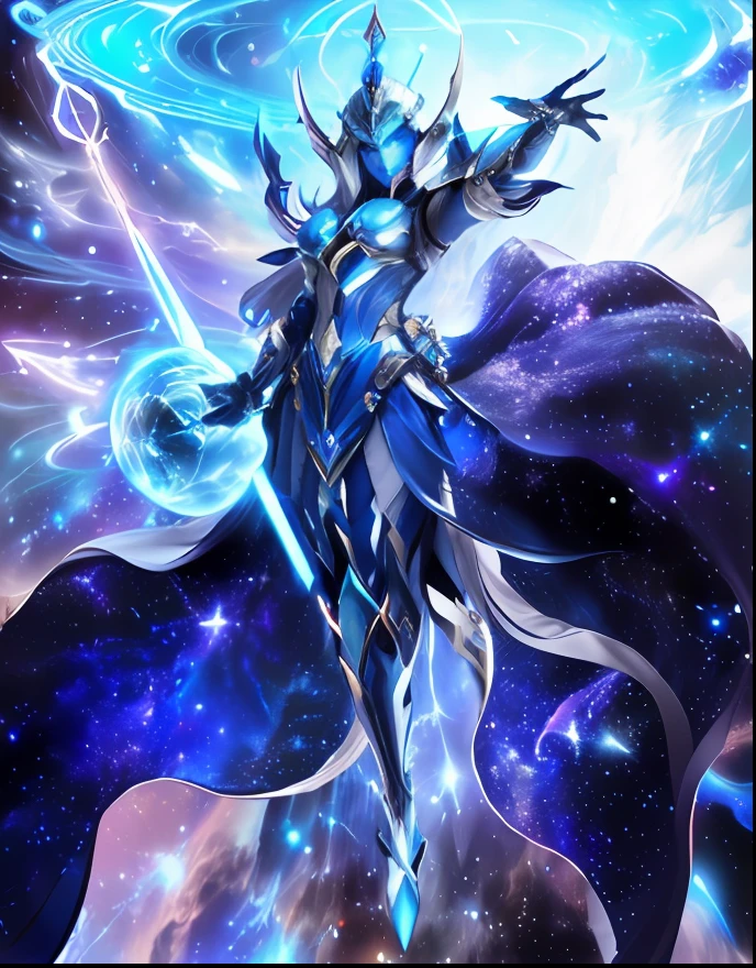 A woman dressed in blue holds a sword and a blue and white sphere, Beautiful celestial mage, galactic deity, cyborg goddess in cosmos, goddess of galaxies, astral ethereal, Protoss!!!!, Protoss!!, cosmic goddess, Protoss, infinite celestial library, celestial goddess, goddess of space and time, A goddess the size of the Milky Way, astral aurora, celestial aura