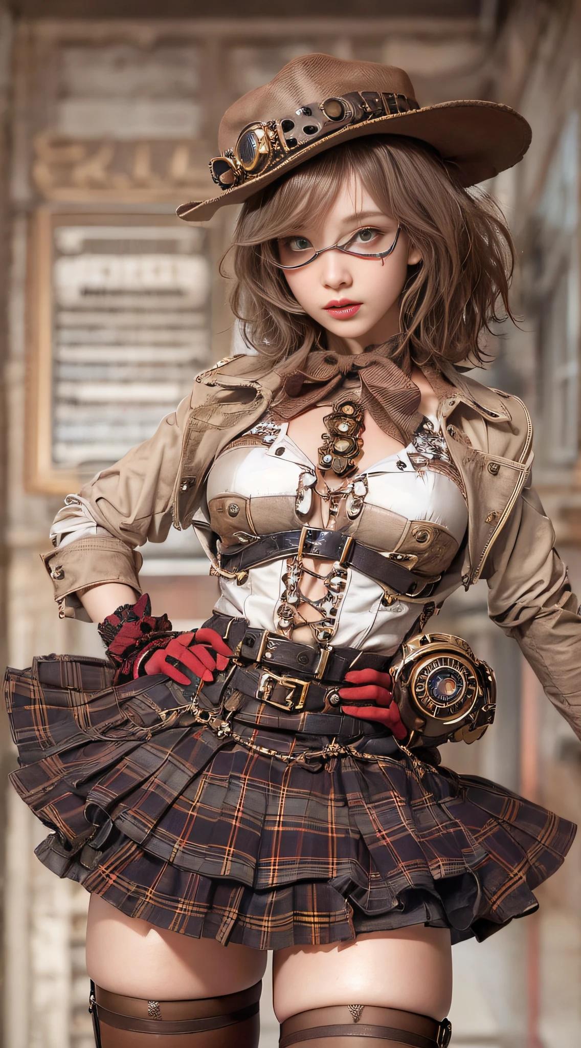 Cute Girl, Leather Costume, Knee shot, Exposure boom, Steampunk Pin-Up Girl, Steampunk girl on a garter belt, Steampunk beauty, Steampunk Goddess, Steampunk style location, Steampunk costumes,. Wearing a steampunk dress, closeup portrait shot, steampunk inventor girl, High-quality close-ups,
NSFW, 8k RAW photo, The highest image quality, masutepiece, ultra-quality, Film grain, Natural Skin Texture, realistic eyes and face details, Full lips, lip stick, (make up), Red Eye Shadow, short fluffy hair, hair messy, Smile, Full Mouth, nice legs, Tall Woman, (backgroung details), slim, Slim Nice Legs, One, cleavage, Cleavage legs, One, cleavage, Hip Look Pose, Very short skirt, hip, Shirt, Hip Look Pose, Skirt, hip, Shirt, (backgroung details), Burberry Plaid, plaid skirts, (((very small chest))), A shirt with a little cleavage, Blurred background explanation: Burberry, Pleated skirt, depth of fields
