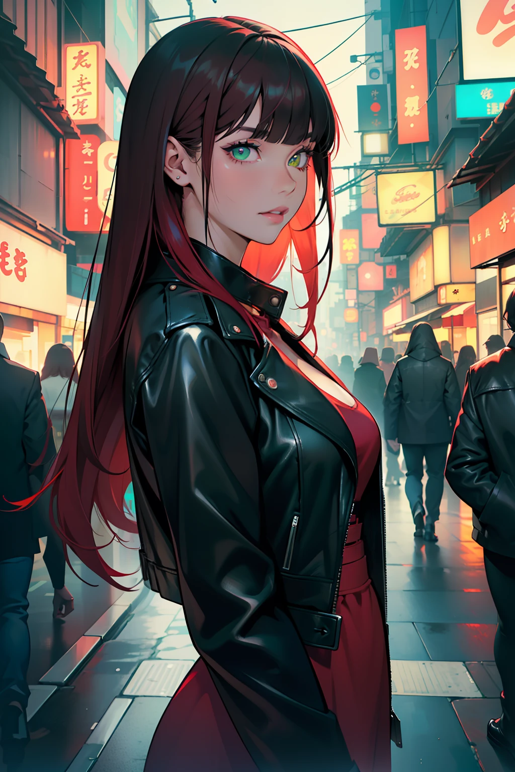 ((melhor qualidade)), ((obra-prima)), (altamente detalhado:1.3) Pale young woman with long, black hair with cherry red locks and bangs, olhos verdes, pale skinned, labios bonitos, maquiagem bonita, Wearing a green silk dress and leather jacket on a Tokyo street at night filled with neon lights