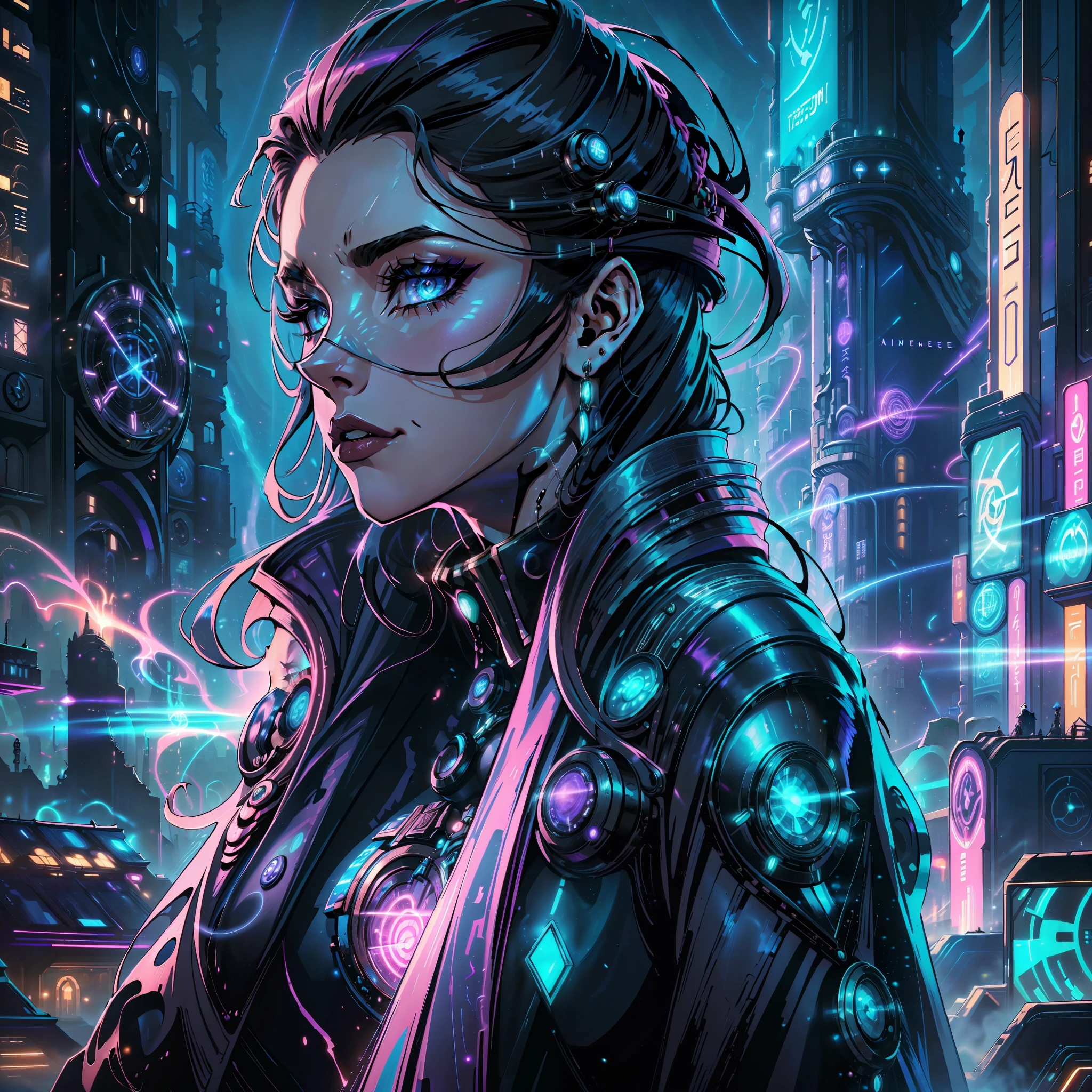 In this futuristic masterpiece, a woman of age 30 exudes an alluring and confident aura as a Futuristic Femme Fatale. The setting is a high-tech, cyberpunk-inspired world that seamlessly blends sleek modernity with a touch of dystopian edge.

Dressed in a stunning futuristic fashion ensemble, the woman is a visual marvel. Her attire is a symphony of textures and materials, blending metallic accents, holographic fabrics, and glowing LED patterns. Each detail is meticulously crafted, creating a sense of awe-inspiring artistry that draws the viewer in.

With an air of confidence, the woman stands amidst the urban sprawl of the cyberpunk city. Neon lights cast a vibrant glow on her features, illuminating her perfectly styled hair and enhancing the electric blue streaks that run through it. Her makeup is equally avant-garde, with holographic elements that catch the light and mesmerize the onlooker.

The Femme Fatale's gaze is intense and captivating, hinting at a world of secrets and intrigue beneath her enigmatic exterior. Her posture exudes confidence, a reflection of her command over the high-tech world she inhabits.

The cyberpunk setting comes alive with awesome detail. Holographic billboards and neon signs illuminate the streets, while hovering vehicles and drones add to the futuristic atmosphere. The architecture is a mix of sleek skyscrapers and gritty back alleys, painting a vivid picture of a world where technology and humanity collide.

Every inch of this image is a testament to the artist's skill, with awesome detail permeating every aspect. The reflection of the high-tech city in the woman's sharp shades, the intricate patterns of her clothing, and the reflections of neon lights on her metallic accessories all contribute to the overall stunning effect.

masterpiece captures the essence of the Futuristic Femme Fatale, presenting a woman of undeniable allure and power in a world where technology reigns supreme. The fusion of confidence, cutting-edge fashiion