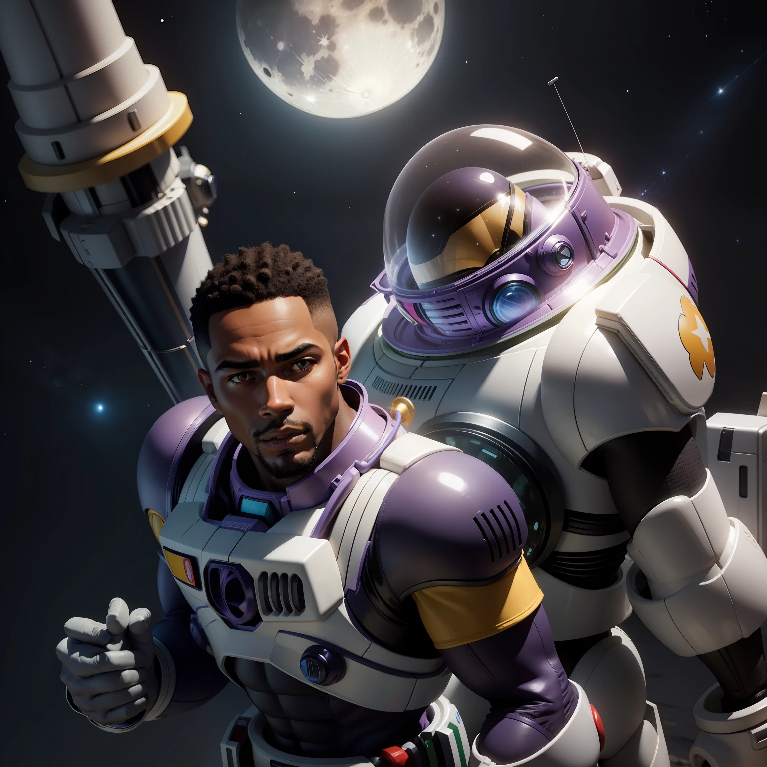 black man with toy buzz Lightyear, moon