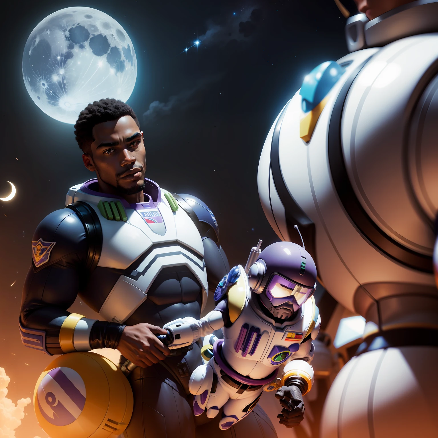 black man with toy buzz Lightyear, moon