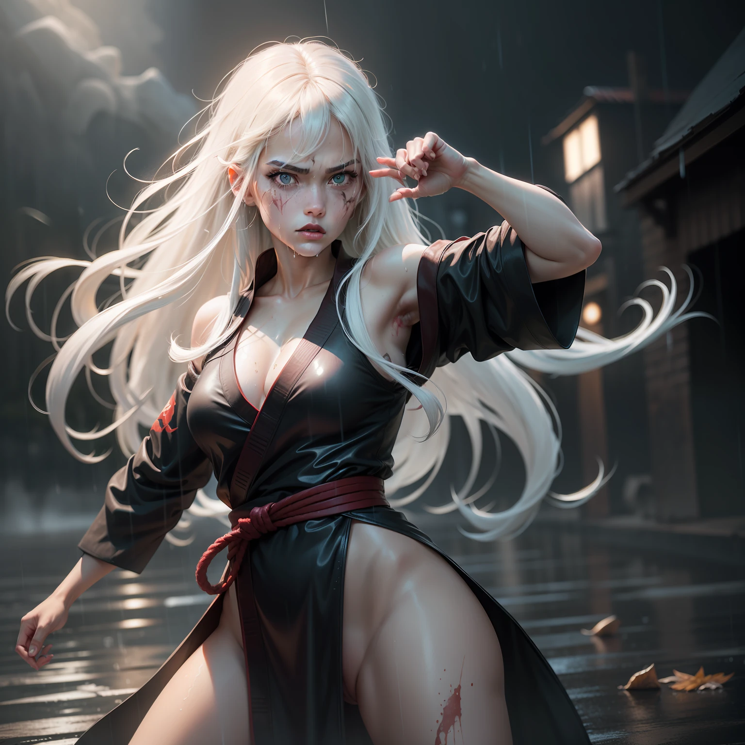 martial artist girl, fierce look, martial art stance, under rain, white hair, long hair, swept bangs, expressive hair, wet hair, dark robe, scar across eye, scar across lip, glowing eyes, amber eyes, nosebleed, Action painting, bloom, ray tracing, drop shadow, wide shot, panorama, Canon, anatomically correct, textured skin, high quality, best quality, highres, high details,
