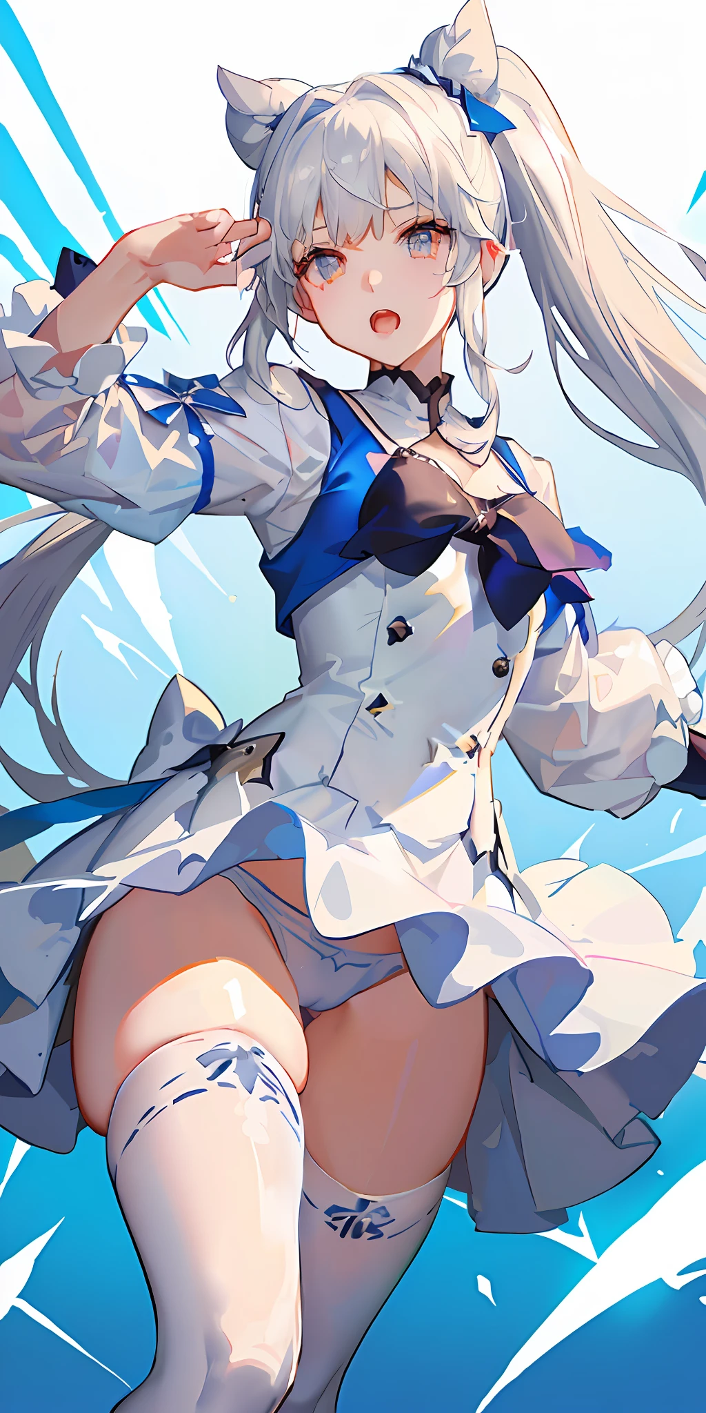 Anime girl posing with long white hair and blue dress, azur lane style, 《azur lane》role, A scene from the《azur lane》videogame, Kushatt Krenz Key Art Women, Splash art anime Loli, Fine details. Girl Front, from girls frontline, high detailed official artwork, Detailed key anime art, Kantai collection style, From Arknights，Open your mouth and spit out your tongue drooling