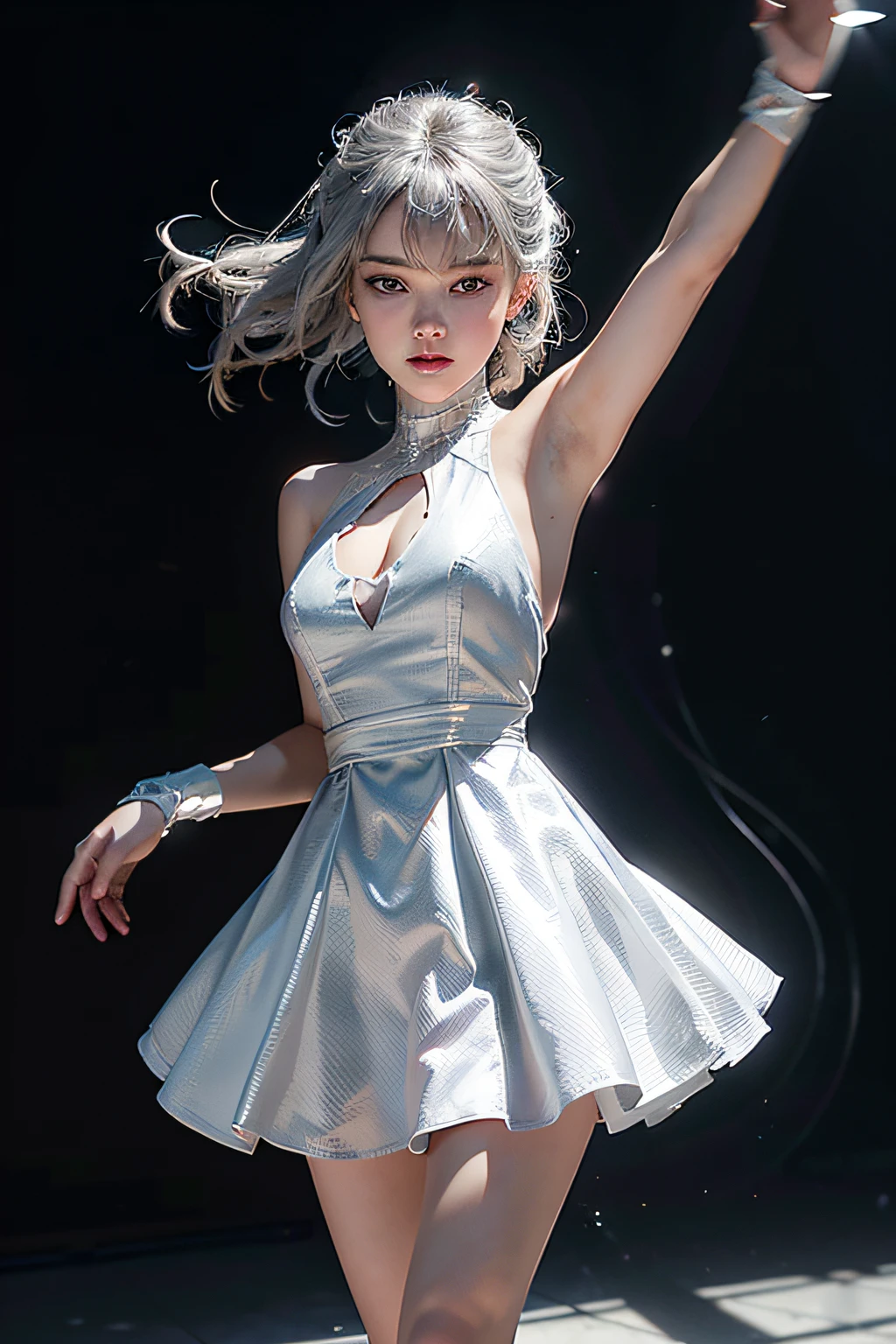 (Extreme Detail CG Unity 8K Wallpapers,tmasterpiece,Highest image quality),full-body portraits(Delicate light and shadow,The picture is highly dramatic,Cinematic lens effect),A girl in a short white Spider-Man dress,Silver-gray hair color,From parallel universes,Marvel,Spidey,Stand in an empty dance studio,dynamicposes),(Exceptional detail,The lighting effect is outstanding,Vista wide angle),(Excellent rendering,Enough to stand out from the crowd),The focus is on the white Spider-Man dress