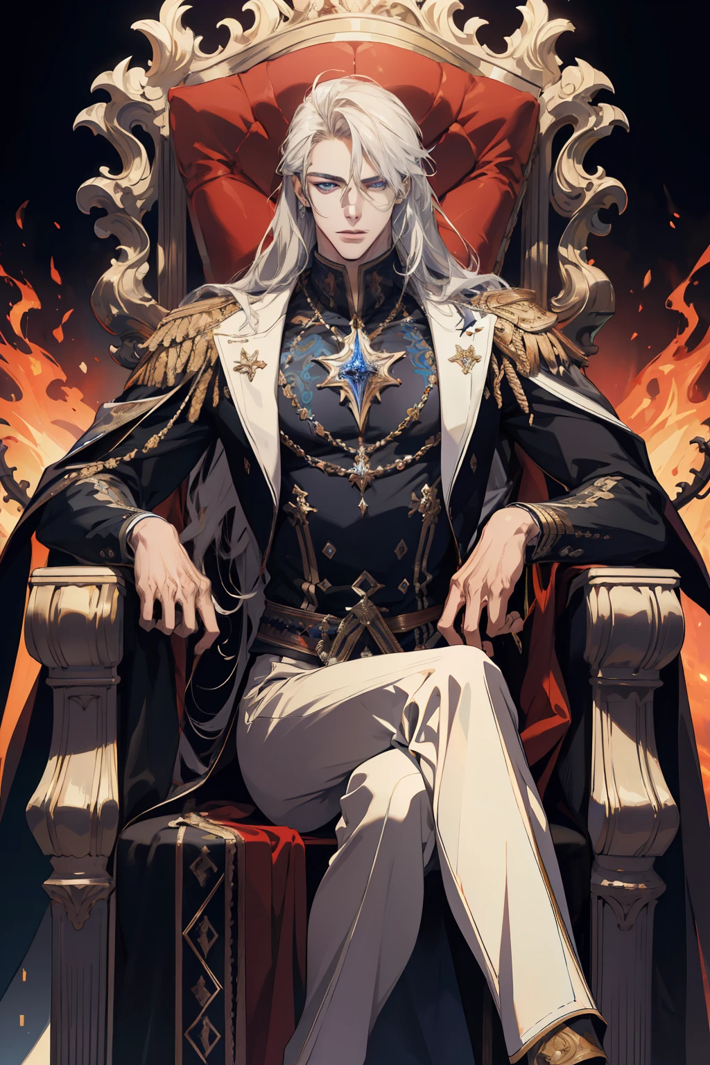 (absurdres, highres, ultra detailed), 1 male, adult, handsome, tall muscular guy, broad shoulders, finely detailed eyes and detailed face, long hair, fantasy, magnificent background, throne, magic effect, flame