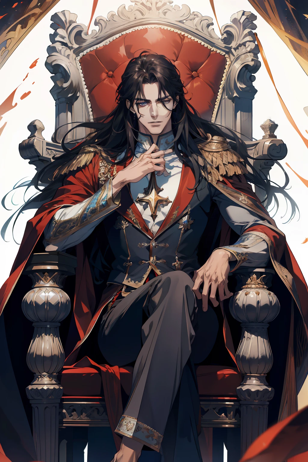 (absurdres, highres, ultra detailed), 1 male, adult, handsome, tall muscular guy, broad shoulders, finely detailed eyes and detailed face, long hair, fantasy, magnificent background, throne, magic effect, flame