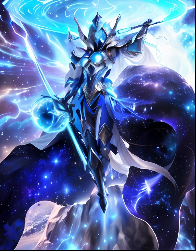 A woman dressed in blue holds a sword and a blue and white sphere, Beautiful celestial mage, galactic deity, cyborg goddess in cosmos, goddess of galaxies, astral ethereal, Protoss!!!!, Protoss!!, cosmic goddess, Protoss, infinite celestial library, celestial goddess, goddess of space and time, A goddess the size of the Milky Way, astral aurora, celestial aura