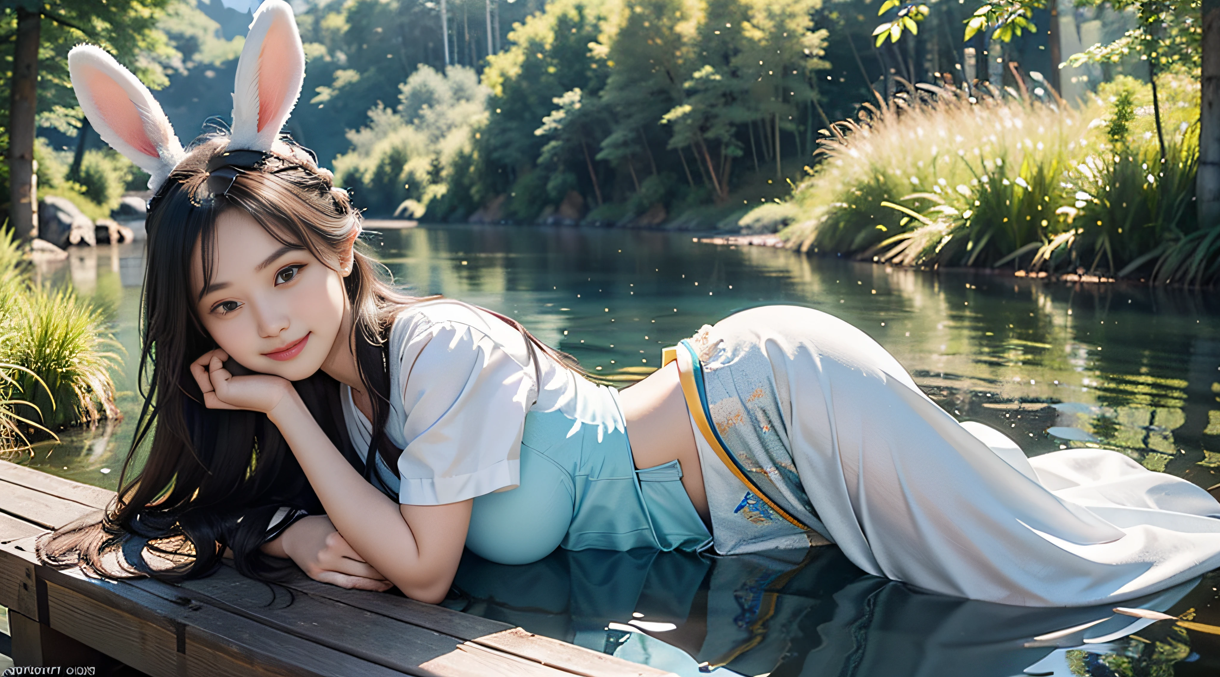 In a blue sky,There are seven rainbows of summer in the bamboo forest under the daytime,and the sun was shining brightly,There is soft natural light, dingdall effect,An intimate portrait of a young girl about eighteen years old,The girl's appearance is thick eyebrows,There are big watery eyes,The girl has long silver hair,Bangs between the eyebrows,Double up braid,The head is worn with ornaments of rabbit ears,She blushed,Sitting alone on a wooden pier in light blue Hanfu,A wooden pier juts out onto the tranquil lake,The girl closed her mouth and smiled at the viewer,Hands resting naturally and easily on your knees,A happy smile on his face。The sun casts a warm glow on the scene,Illuminates the ripples in the water,Cast a soft shadow on the girl's face。Behind her,A dense forest stretches into the distance,The green bushes contrast with the pale blue sky above。Despite the tranquility of the surroundings,But there was a clear sense of joy in the girl。