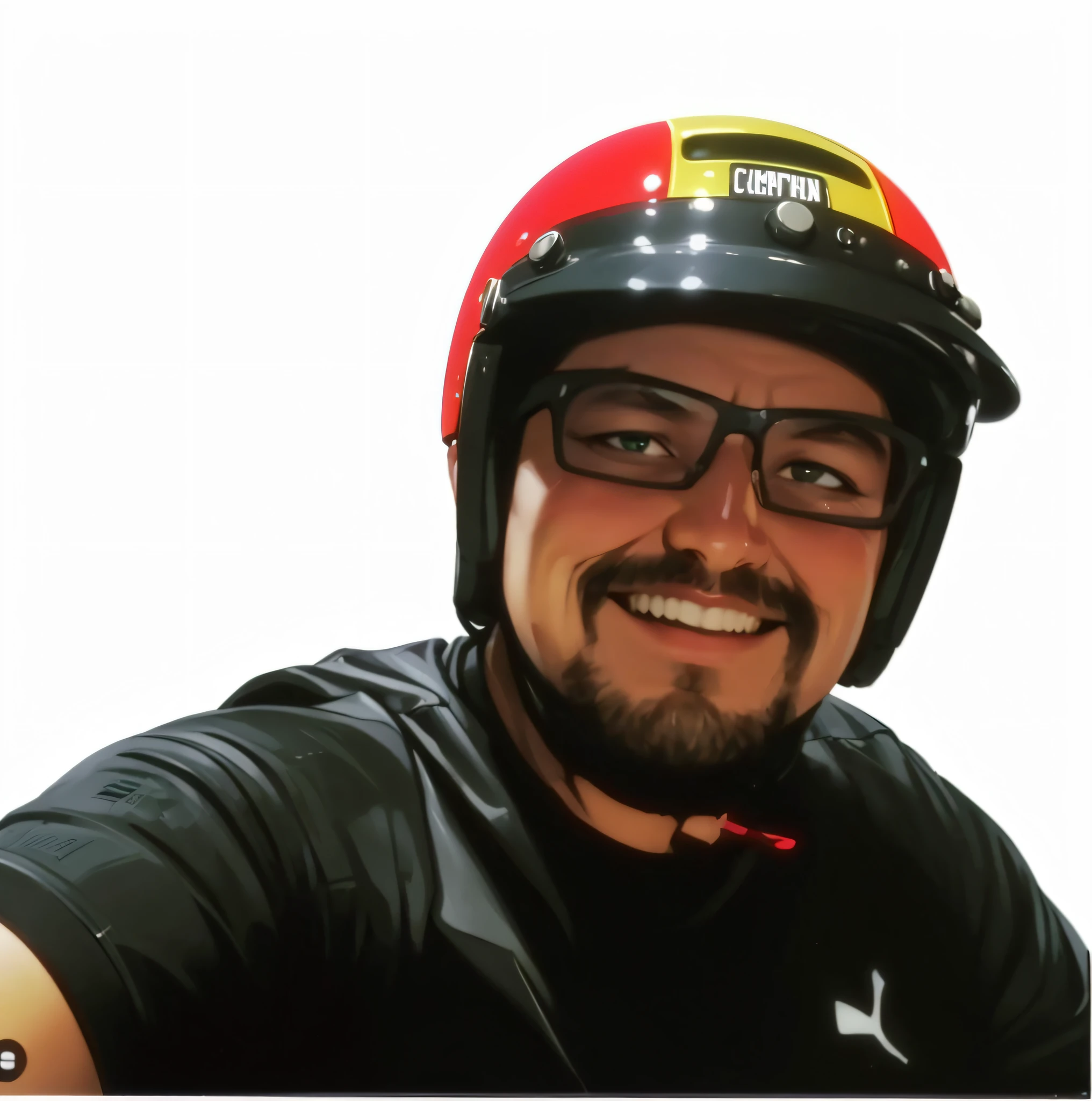 There's a man wearing a helmet and glasses smiling, sem capacete, pilotando uma motocicleta, capacete de viseira leds, Andar na scooter do ciclomotor, usando capacete, Streamer do Twitch / Jogador Ludwig, Foto de perfil do headshot, usando capacete, reflexo do telefone na viseira, Postagem no Reddit, olhos brilhantes no capacete, wearing skating helmet, com um fundo preto