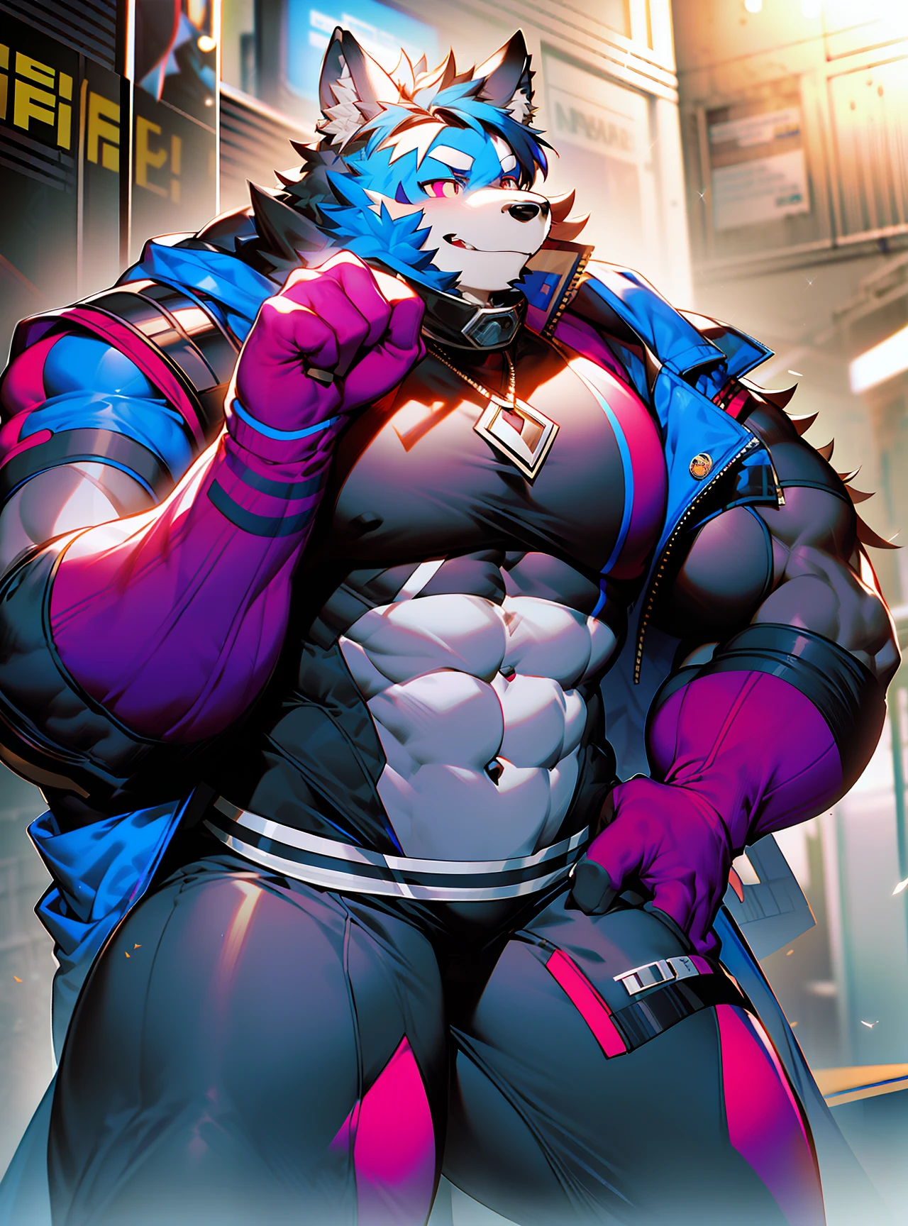 coyote,Furry,Blue hair,musculature,Muscle men,nakeness,Strong,ultraclear,Has a large ,Collar,Black shorts,Black sclera,red pupils,Abs,Yellow coat,The erection,Collar,Has a large ,der riese,tit,Solo,Stout arms,Storm jacket,Badge,Pronounced abs,ssmile,subway station background,Urban style,hold fists,Big ,Dark purple sweatshirt,Red gloves,Blue shoes,red striped,Handsome expression,Pronounced abs,Blood-red pupils