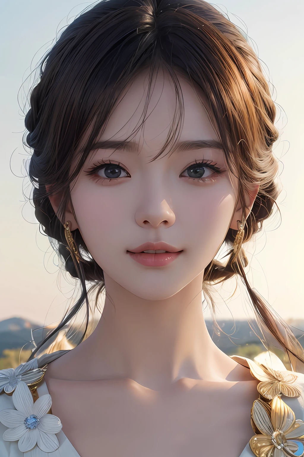 "(8k，RAW photogr，Realistic picture texture：1.25)，（Gloss on lips，eyeslashes，gloss face，Glossy glossy skin，best qualtiy，超高分辨率，depth of fields，color difference，Caustics，Wide light，naturalshadow，K-pop idols）Watch the audience with serenity and goddess-like happiness"