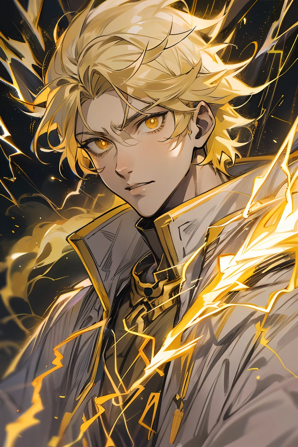 "Stunningly detailed anime sketch of a solo ((toned)) light-skinned lightning-mage male in his early 20s with blonde hair and golden pupils. he exudes maturity and is surrounded in a powerful electrical aura. Dressed in a fantasy lightning mage robe."