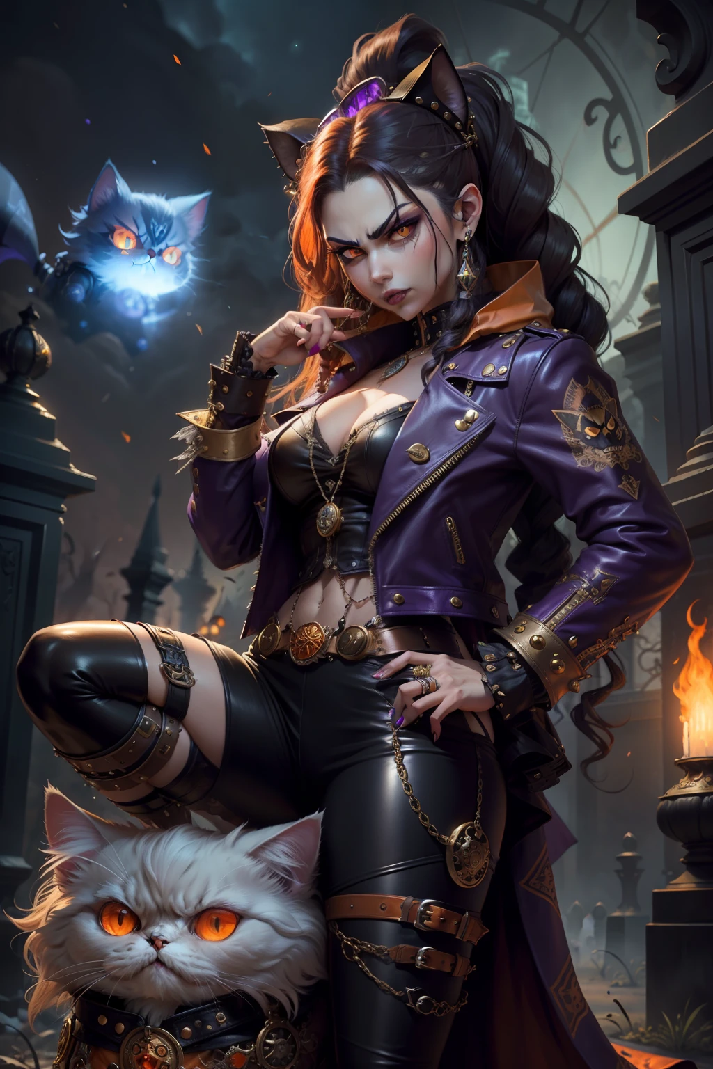 persian cat Anthropomorphic vampire , steampunk ,, , studded leather jacket with intricate ornamentation orange and purple , pirate steampunk theme,, , highest quality,, very angry face, body fitness, full body, long hair with braids , at night in the cemetery with fireflies