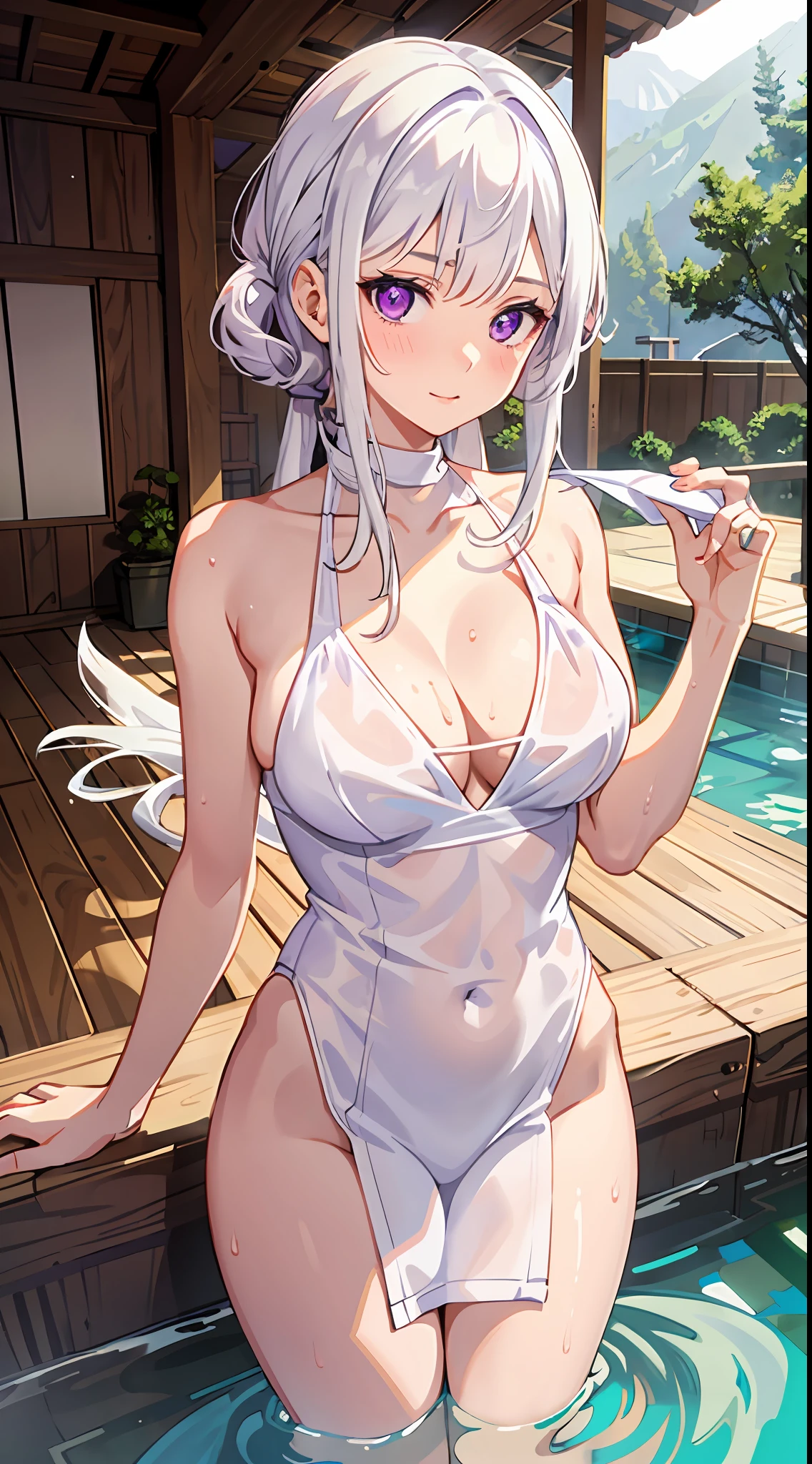 1girl, White hair, Purple eye, sportrait, photorealestic, Towels, (onsen), sidelighting, wallpaper, nsfw,Naked female big breast,90%Transparent underwear