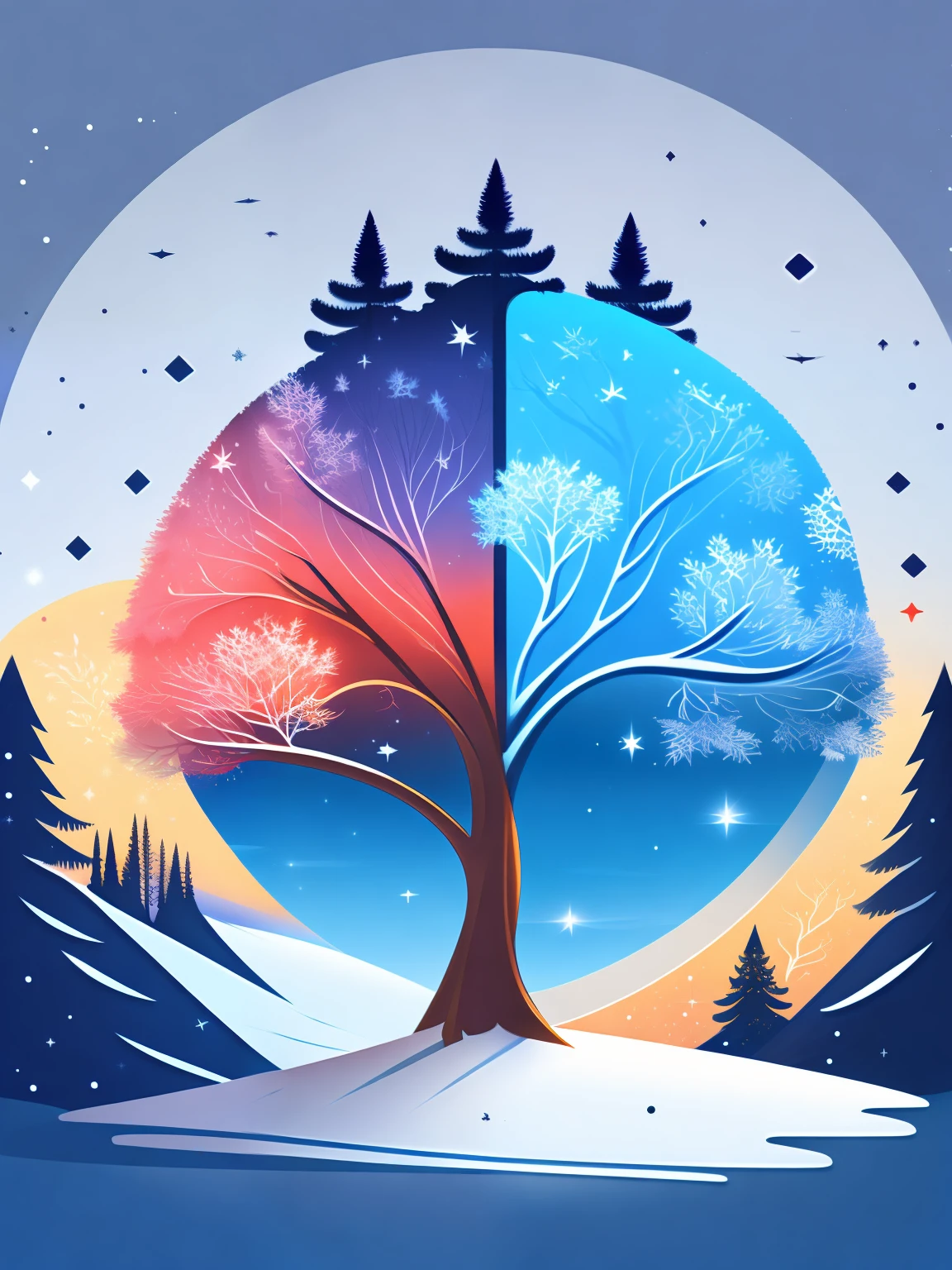 a spruice tree in a winter landscape, tshirt design, rzminjourney, vector-art