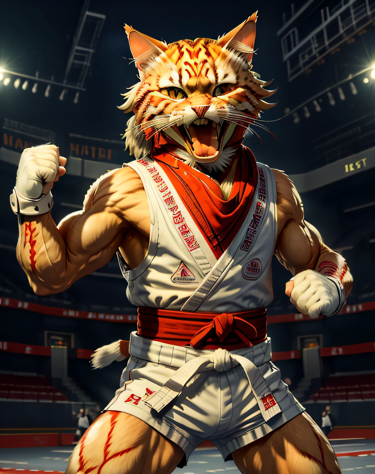 (masterpiece, best quality, beautiful RAW photography:1.4), c4ttitude, wearing white karate outfit, red bandana, focusing energy, street fighter, dynamic pose, screaming:1.4, (showing teeth:1.3), dramatic lighting, photorealistic, intricate, highly detailed, (detailed sports arena background:1.1), wallpaper, 8k, trending on artstation