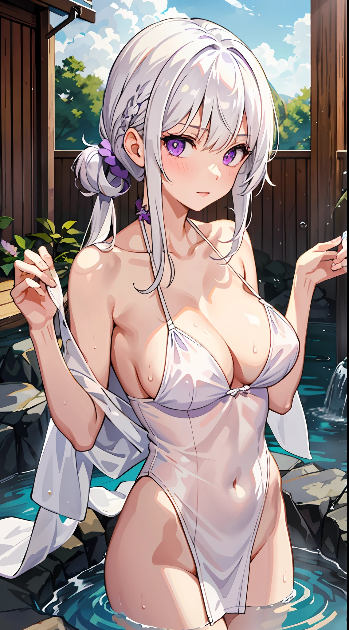 1girl, White hair, Purple eye, sportrait, photorealestic, Towels, (onsen), sidelighting, wallpaper, nsfw,????? female big breast，90%Transparent underwear