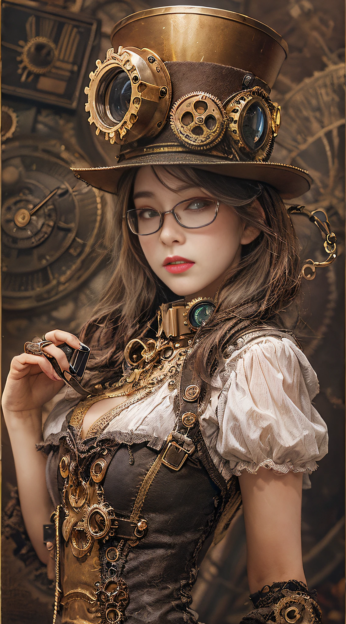 Woman in steampunk costume taking photo, wearing steampunk attire, steampunk fantasy style, (Steampunk), ( Steampunk ), a steampunk beautiful goddess, steampunk beautiful anime woman, Steampunk Girl, Steampunk style, steampunk fantasy, Steampunk, steampunk inventor girl, golden steampunk, steampunc, steampunc, Set in a steampunk world, Vivid steampunk concept