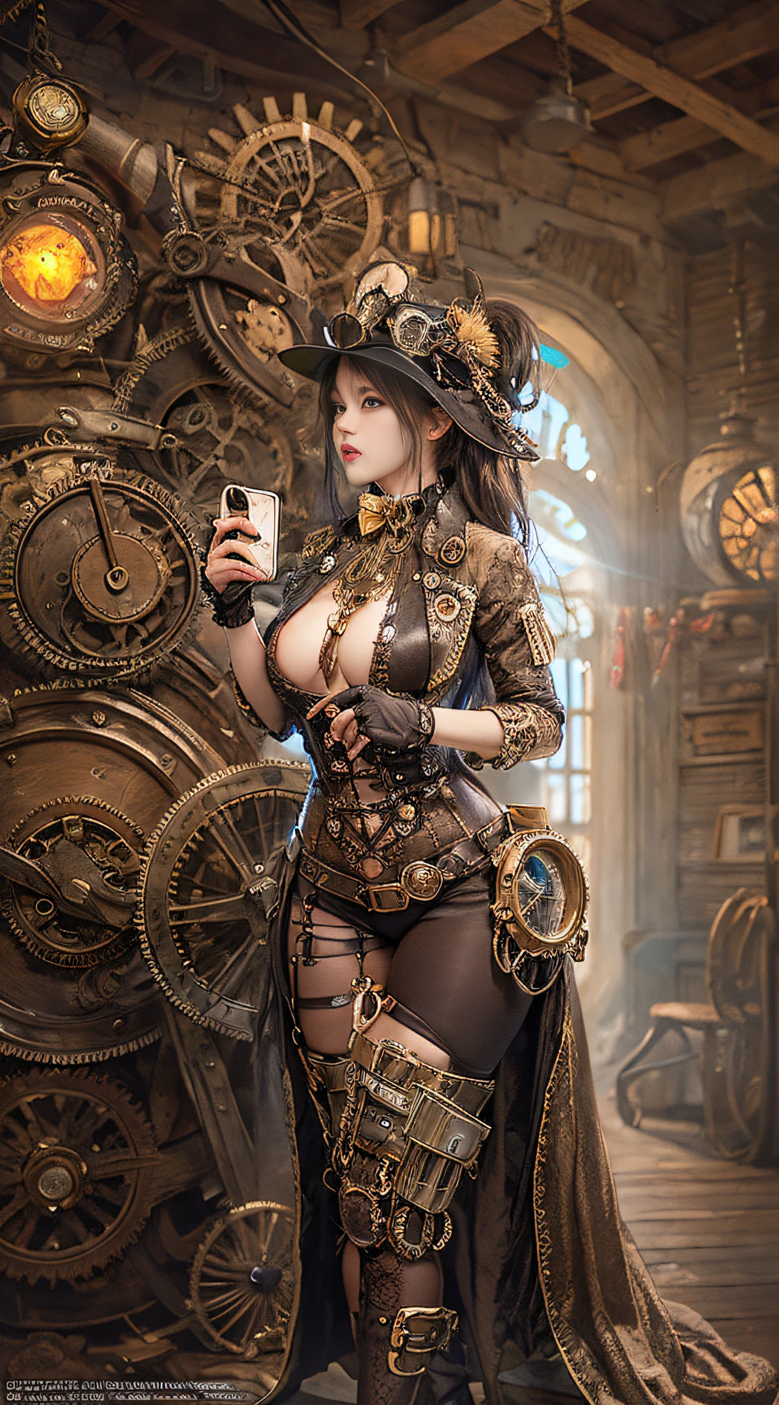 Woman in steampunk costume taking photo, wearing steampunk attire, steampunk fantasy style, (Steampunk), ( Steampunk ), a steampunk beautiful goddess, steampunk beautiful anime woman, Steampunk Girl, Steampunk style, steampunk fantasy, Steampunk, steampunk inventor girl, golden steampunk, steampunc, steampunc, Set in a steampunk world, Vivid steampunk concept