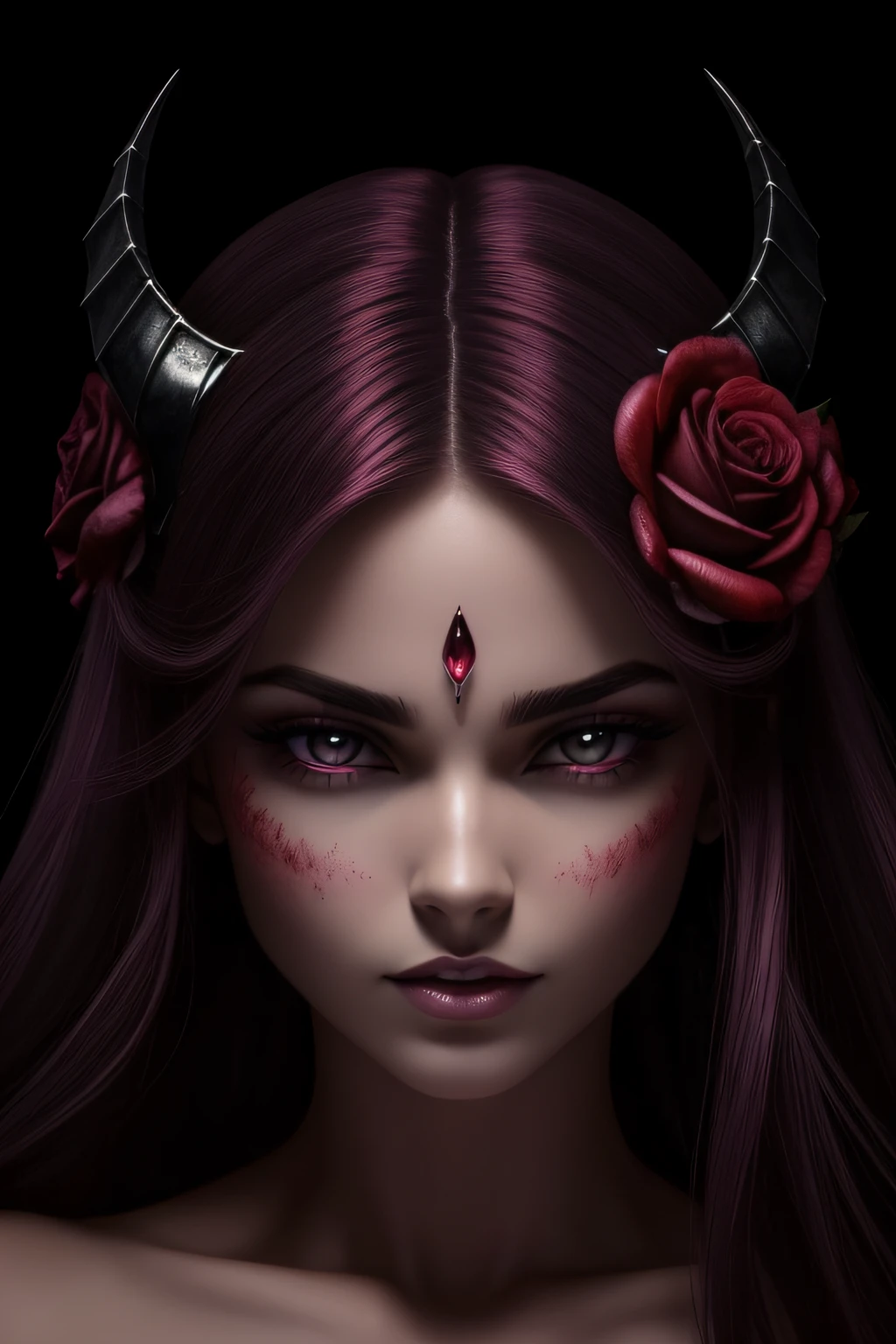 rainha demonio, tiara com rubis, succubus, alta qualidade, tonalidades quentes, cabelos brancos lisos com pontas enroladas, foco facial, rosto perfeito, olhos poderoso, rosas, flores, vermelho, dark, trevas, rainha succubus bonita