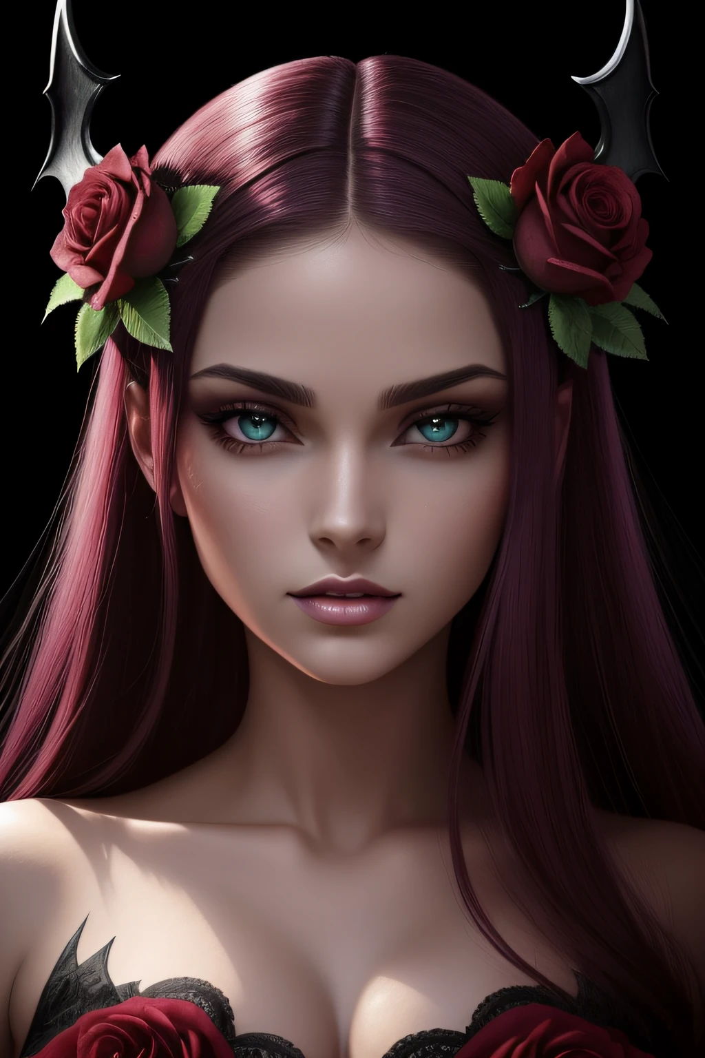rainha demonio, tiara com rubis, succubus, alta qualidade, tonalidades quentes, cabelos brancos lisos com pontas enroladas, foco facial, rosto perfeito, olhos poderoso, rosas, flores, vermelho, dark, trevas, rainha succubus bonita