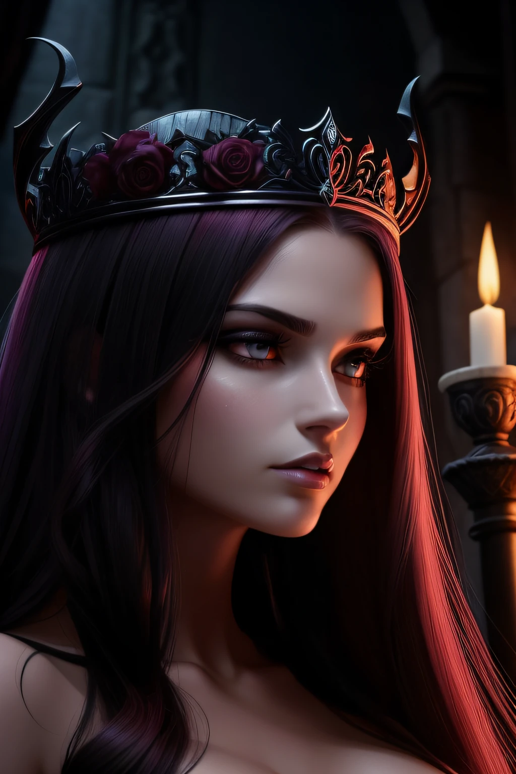 rainha demonio, tiara com rubis, succubus, alta qualidade, tonalidades quentes, cabelos brancos lisos com pontas enroladas, foco facial, rosto perfeito, olhos poderoso, rosas, flores, vermelho, dark, trevas, rainha succubus bonita