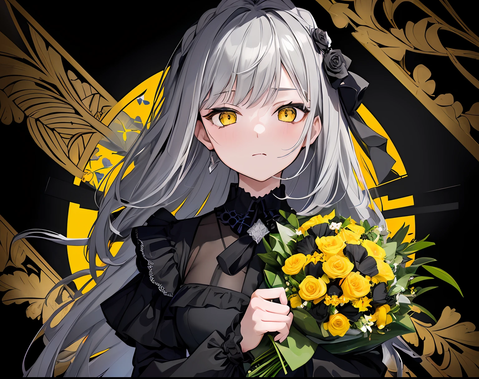(top quality, masterpiece), (1 girl, solo, black suit, standing, watching viewer, gray hair, yellow eyes, mouth closed, upper body), (huge black bouquet background, floral background)
