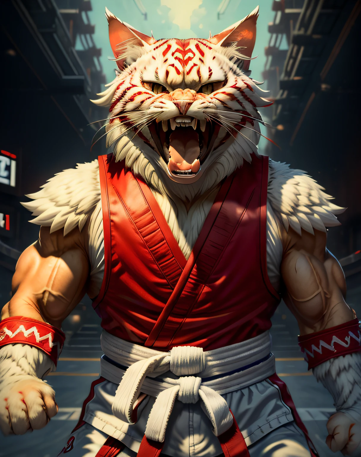 (masterpiece, best quality, beautiful RAW photography:1.4), c4ttitude, wearing white karate outfit, red bandana, focusing energy, street fighter, dynamic pose, screaming:1.4, (showing teeth:1.3), long fangs, dramatic lighting, photorealistic, intricate, highly detailed, (detailed sports arena background:1.1), wallpaper, 8k, trending on artstation