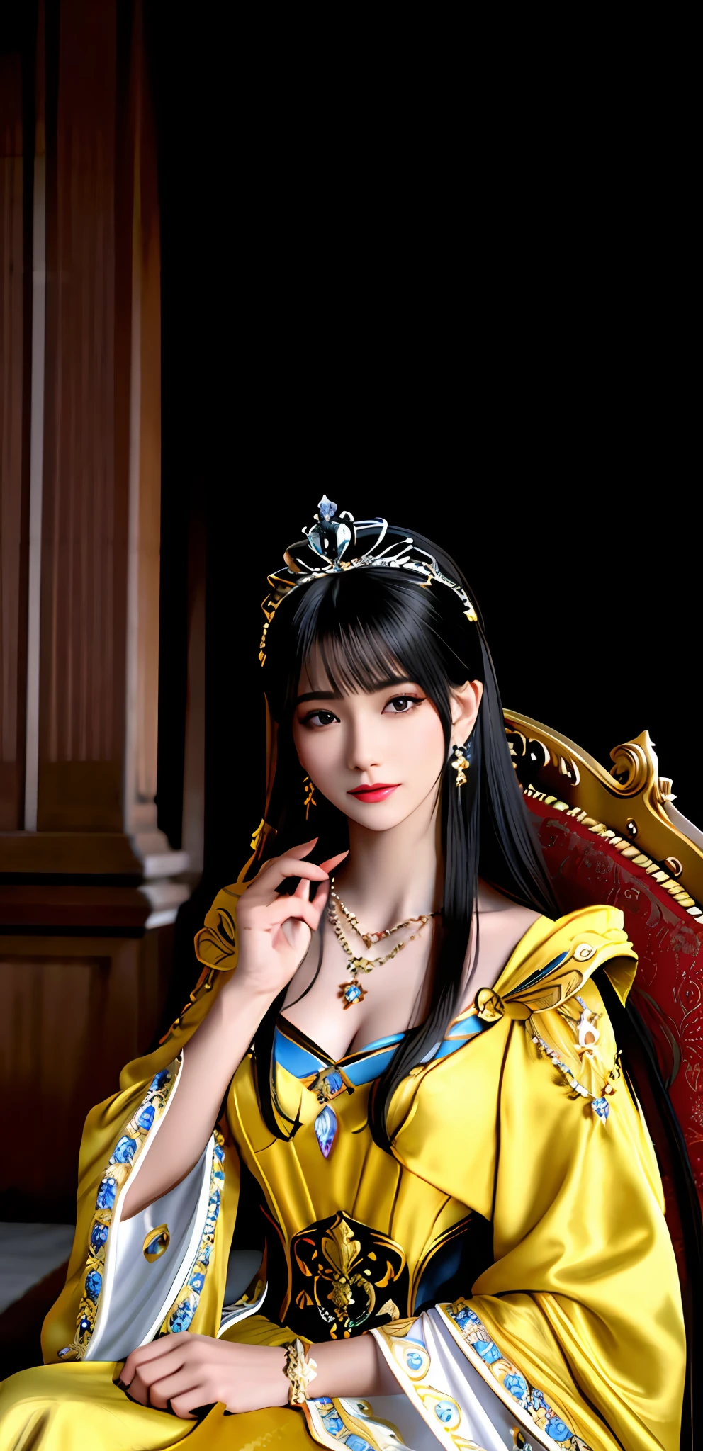 (realisticity: 1.2), ((best resolution: 8K UHD)), best quality, high quality, masterpiece, highres,cg,
1 super detailed girl, super detailed queen
, sitting on a super detailed royal throne, lud, xurious royal palace background, beautiful and detailed, super detailed long hair, wearing a beautiful and luxurious crown with diamonds and super detailed,
super detailed dress, Super detailed dress sleeves, super detailed beautiful earrings, Beautiful and beautiful necklace full of super detailed diamonds,
solo, jewelry, super detailed red and yellow dress, pretty face, beautiful, and super detailed,
, earrings, super detailed hairdo, splashing, the upper body is very super detailed, super detailed hair bun, super detailed black hair,
lighting,candid,Photograph,high resolution, 8k,Bokeh,
