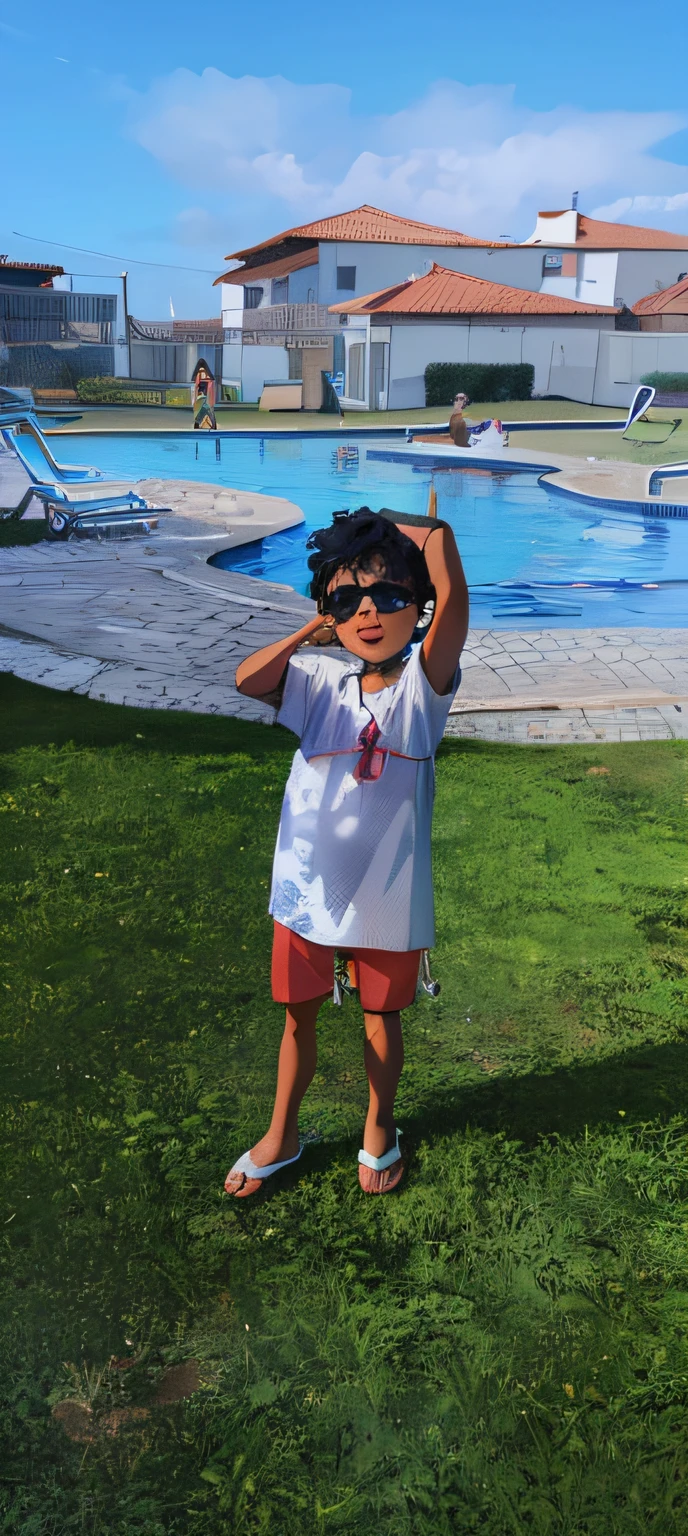 there's a boy who's standing on the grass, Jogar na piscina, caio santos, mateus 9 5, 2 anos, divertindo-se, lucas graziano, com uma pose cool, ao lado de uma piscina, Pose legal, Directed by: Nandor Soldier, garoto feliz, vacation photo, 5 anos