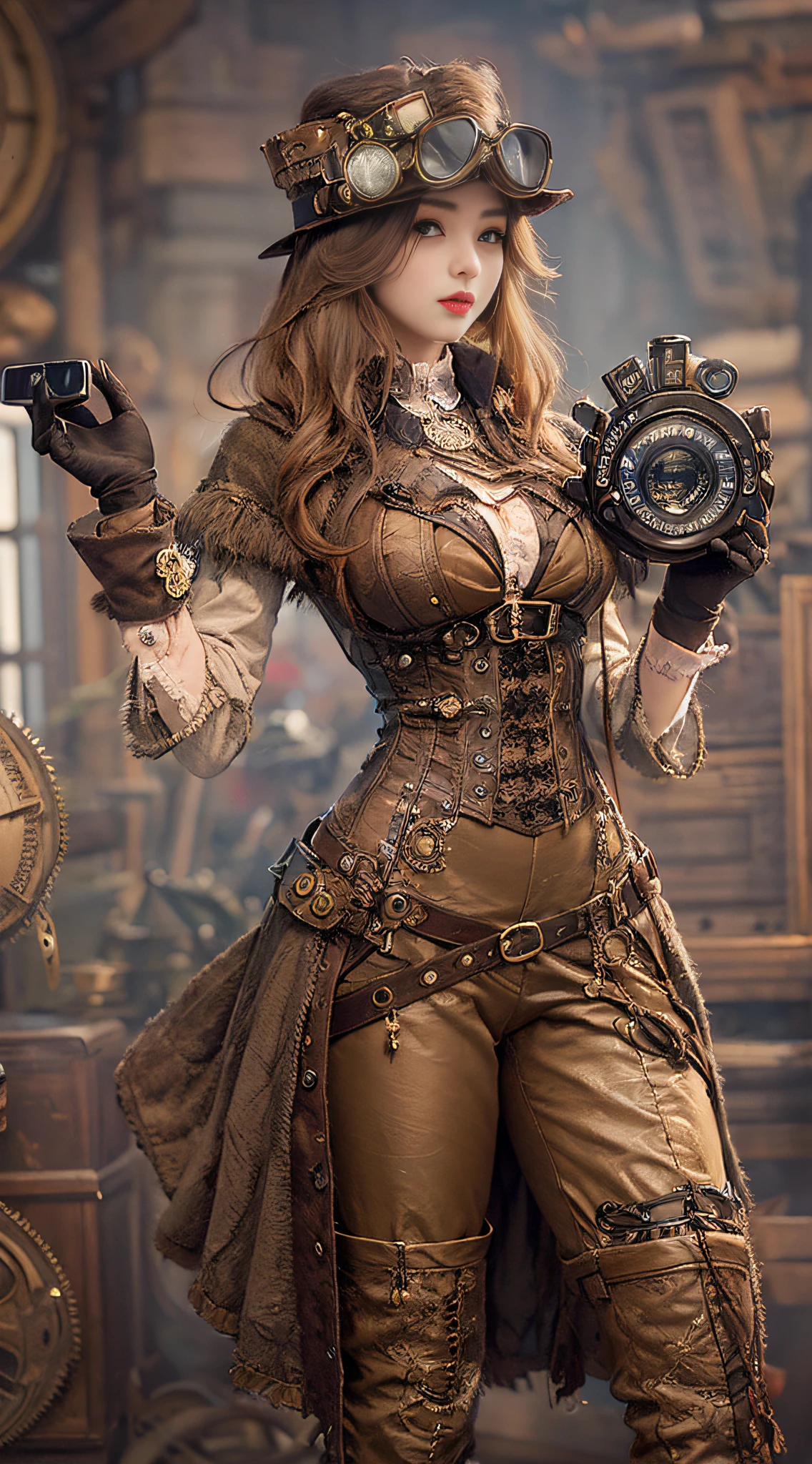 Woman in steampunk costume taking photo, wearing steampunk attire, steampunk fantasy style, (Steampunk), ( Steampunk ), a steampunk beautiful goddess, steampunk beautiful anime woman, Steampunk Girl, Steampunk style, steampunk fantasy, Steampunk, steampunk inventor girl, golden steampunk, steampunc, steampunc, Set in a steampunk world, Vivid steampunk concept