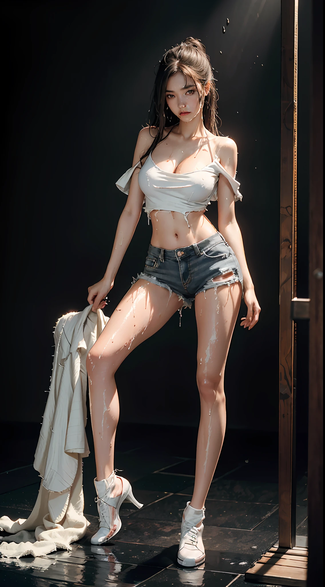 best image quality, masterpiece, super high resolution, (fidelity:1.4), photo, 1 girl, white shirt, torn jeans, white sneakers, dim, darkness, despair, pity, poor, movie, tears, teardrops, (torn clothes:1.5), (wet clothes:1.4), bare shoulders, real rain, wet hair,.. penis inside vagina, semen flowing, (8k, RAW photo, best quality, masterpiece: 1.2), (realistic, photorealistic: 1.37), night, professional lighting, photon mapping, radiosity, ripped, big, pure white and very small knitted with protruding tips, areola protruding, pubic shape clearly visible, gal, lots of lashes , Lame on the eyelids, pitch black lip, pitch black heels, pubic hair, lower abdomen bristles, slender, crotch open, are large and likely to spill out of the bra, pubic hair is very large, pubic hair is very protruding