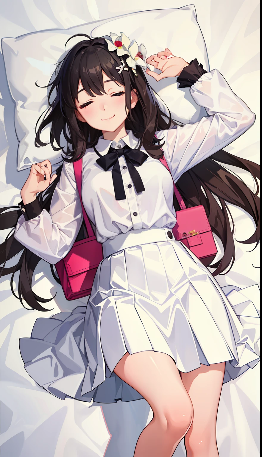 1girl in、A smile、A delightful!　The shirt、pleatedskirt、White skirt、（small tits）Sleeping in large letters、