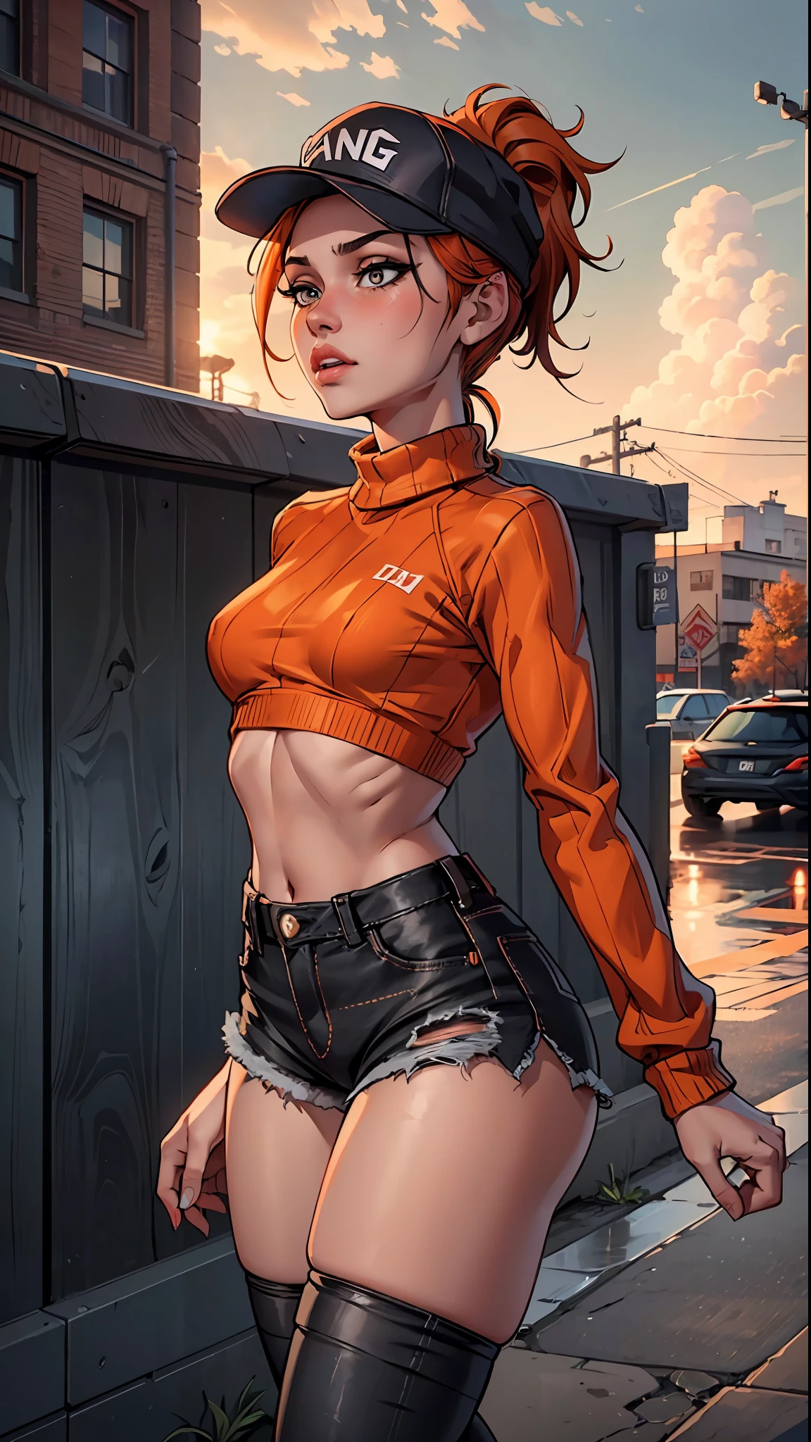 (8k, RAW photo:1.2),best quality, ultra high res,dramatic angle, masterpiece, best quality, extremely detailed CG unity 8k wallpaper,masterpiece, best quality, ultra-detailed) perfect face, oil, girl, slender, small breasts, blush , ((Black Ballcap)) Ponytail that comes out of back of Ballcap , auburn hair, (Cropped all Orange sweater), Ripped Black jean shorts, High top shoes, wearing Urban_Gal, thigh highs