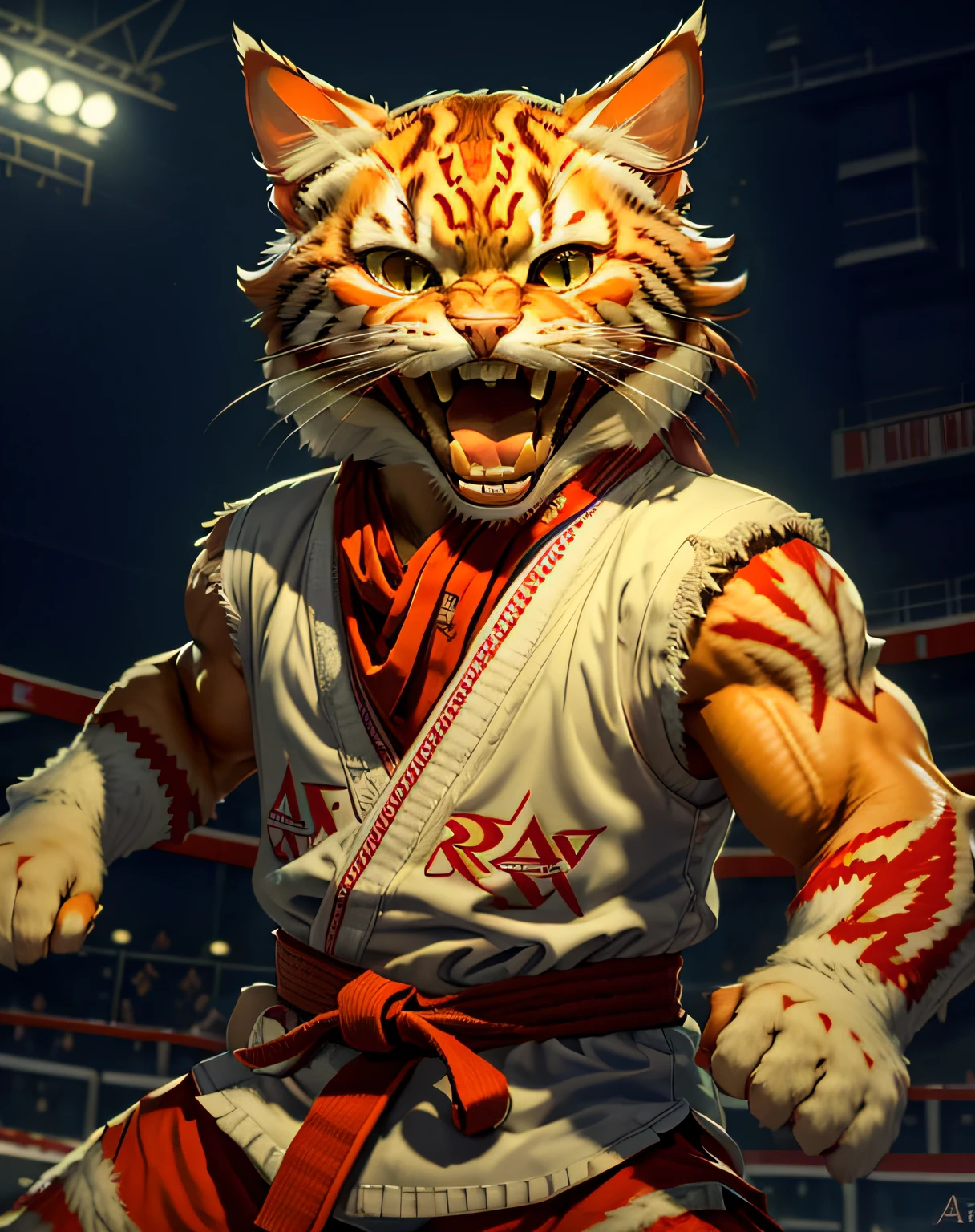 (masterpiece, best quality, beautiful RAW photography:1.4), c4ttitude, wearing white karate outfit, red bandana, focusing energy, street fighter, dynamic pose, screaming:1.4, (showing teeth:1.3), long fangs, dramatic lighting, photorealistic, intricate, highly detailed, (detailed sports arena background:1.1), wallpaper, 8k, trending on artstation