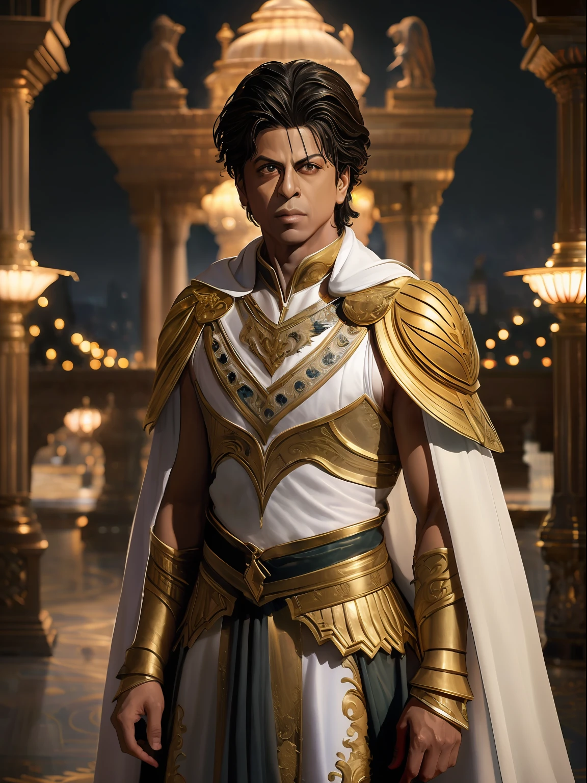 (Best quality),(masterpiece),(ultra detailed),(high detailed),(extremely detailed),full body shot of shahrukh khan in white and gold armour style suit, no mask on, white cape, looking at center camera, perfect composition, beautiful detailed intricate insanely detailed octane render trending on artstation, 8 k artistic photography, photorealistic concept art, soft natural volumetric cinematic perfect light, chiaroscuro, award - winning photograph, masterpiece, oil on canvas, raphael, caravaggio, greg rutkowski, beeple, beksinski, giger, trending on artstation, sharp focus, studio photo, intricate details, highly detailed, night city background, by greg rutkowski
