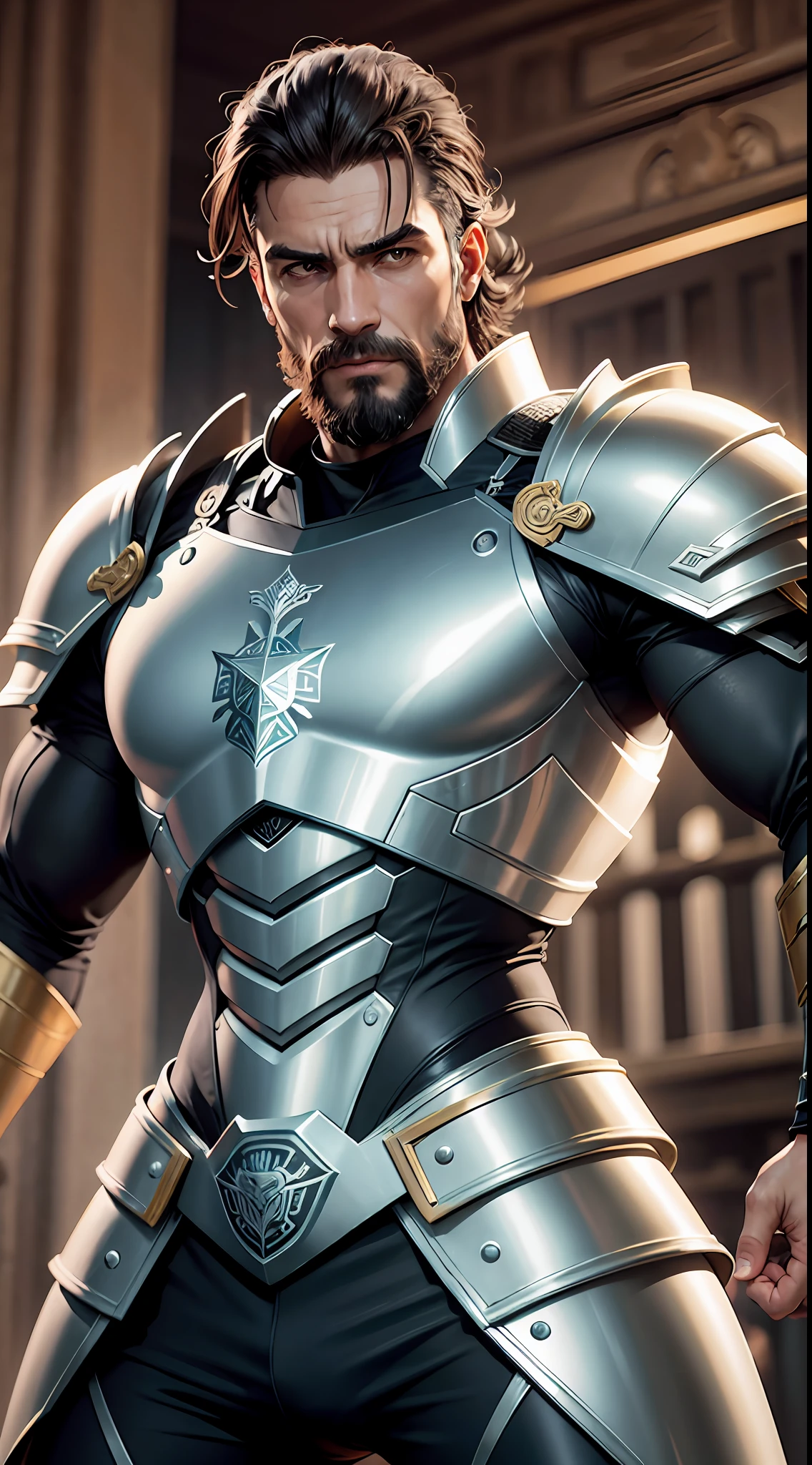 imagem ultra realista , HDR MAIS , real lighting , Motor Unreal 5 , Ultra Resolution Medium Man Leather Armor , Cores preto e dourado , 35 anos , Athletic Fitness Goals , barba cheia e grande , cabelo ruivo grisalho , vestimentas de Rei , Rei de armadura de couro , Ancient Greece ,espadas e escudos, base corporal Rei Arthur, fighting position