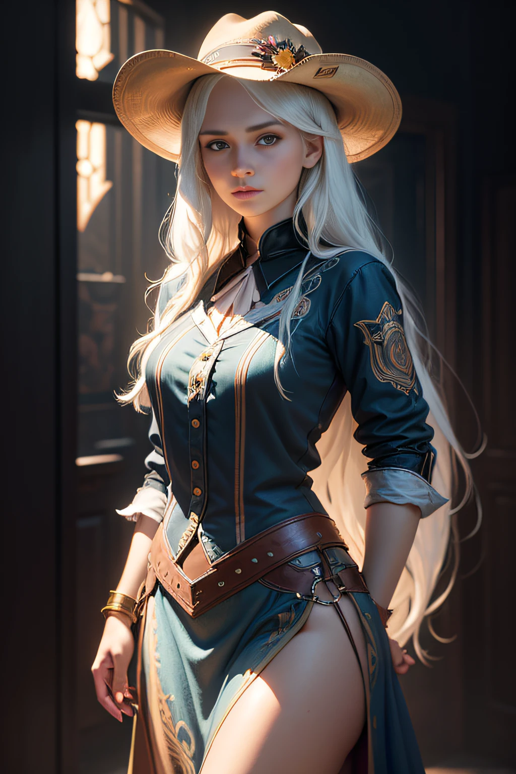 Hyperrealist portrait of female by david hockney and alphonse mucha,fantasy art, photo realistic, dynamic lighting, artstation, poster, volumetric lighting, very detailed faces, 4 k, award winning,, 1girl, in the dark, deep shadow, low key,cowboy shot,(official clothing:1.4) ,long hair,white hair,