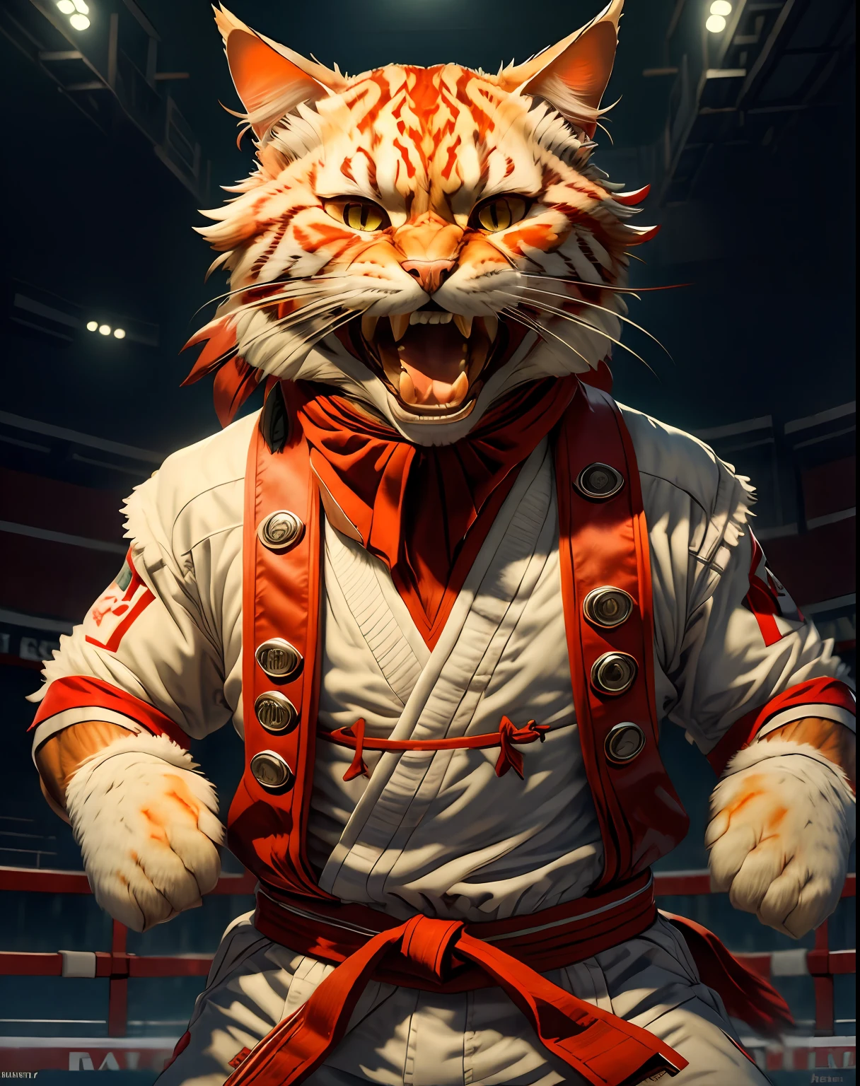 (masterpiece, best quality, beautiful RAW photography:1.4), c4ttitude, wearing white karate outfit, red bandana, focusing energy, street fighter, dynamic pose, screaming:1.4, (showing teeth:1.3), long fangs, dramatic lighting, photorealistic, intricate, highly detailed, (detailed sports arena background:1.1), wallpaper, 8k, trending on artstation