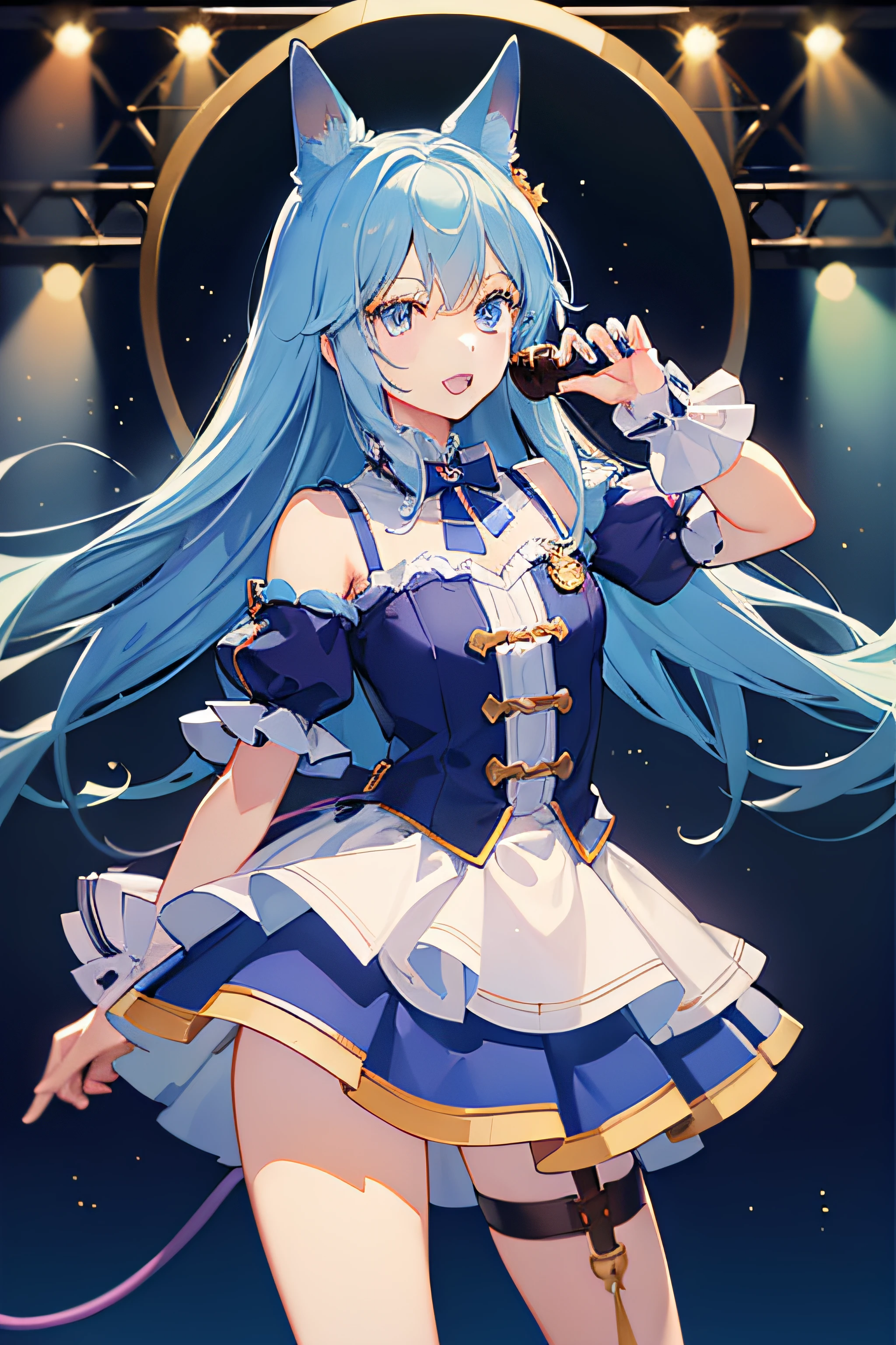 ,(Masterpiece:1.2, high quality), (pixiv:1.4),AGM, blue hair, blue eyes, dog girl, idol costume, in a tv show, piece sign pose, holding a microphone, looking happily at the viewers, mini skirt, rainbow lights, high quality, masterpiece, ray tracing, realistic background, blurred background, super clear, HD