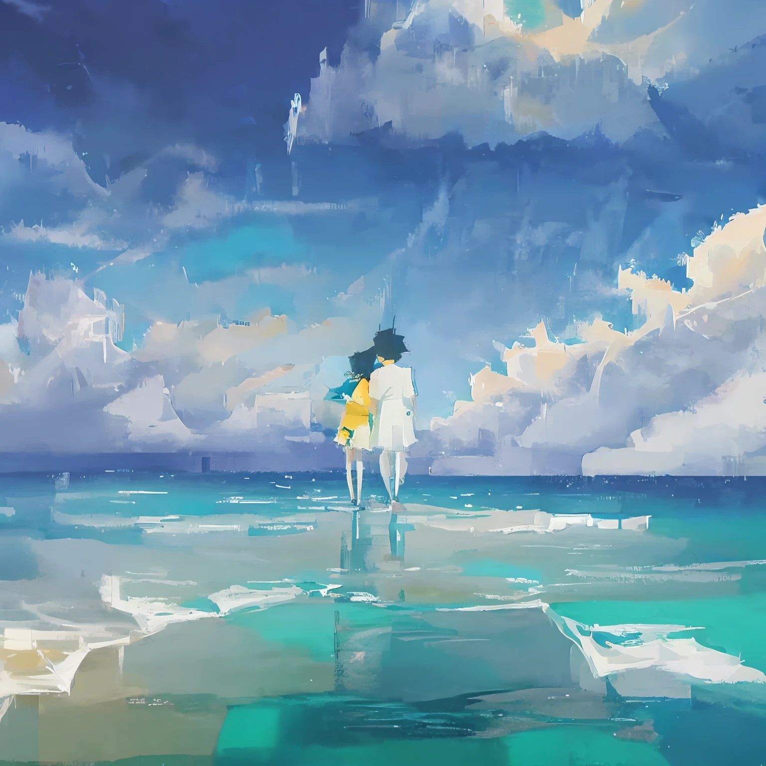 Anime - Beach couple walking painting，Estilo de Makoto Shinkai，4K Anime Art Wallpapers，Shinkai Makoto style 4k art wallpaper，inspired by Makoto Shinkai，Beautiful artistic illustration，Makoto Shinkai《Children of the Weather》。