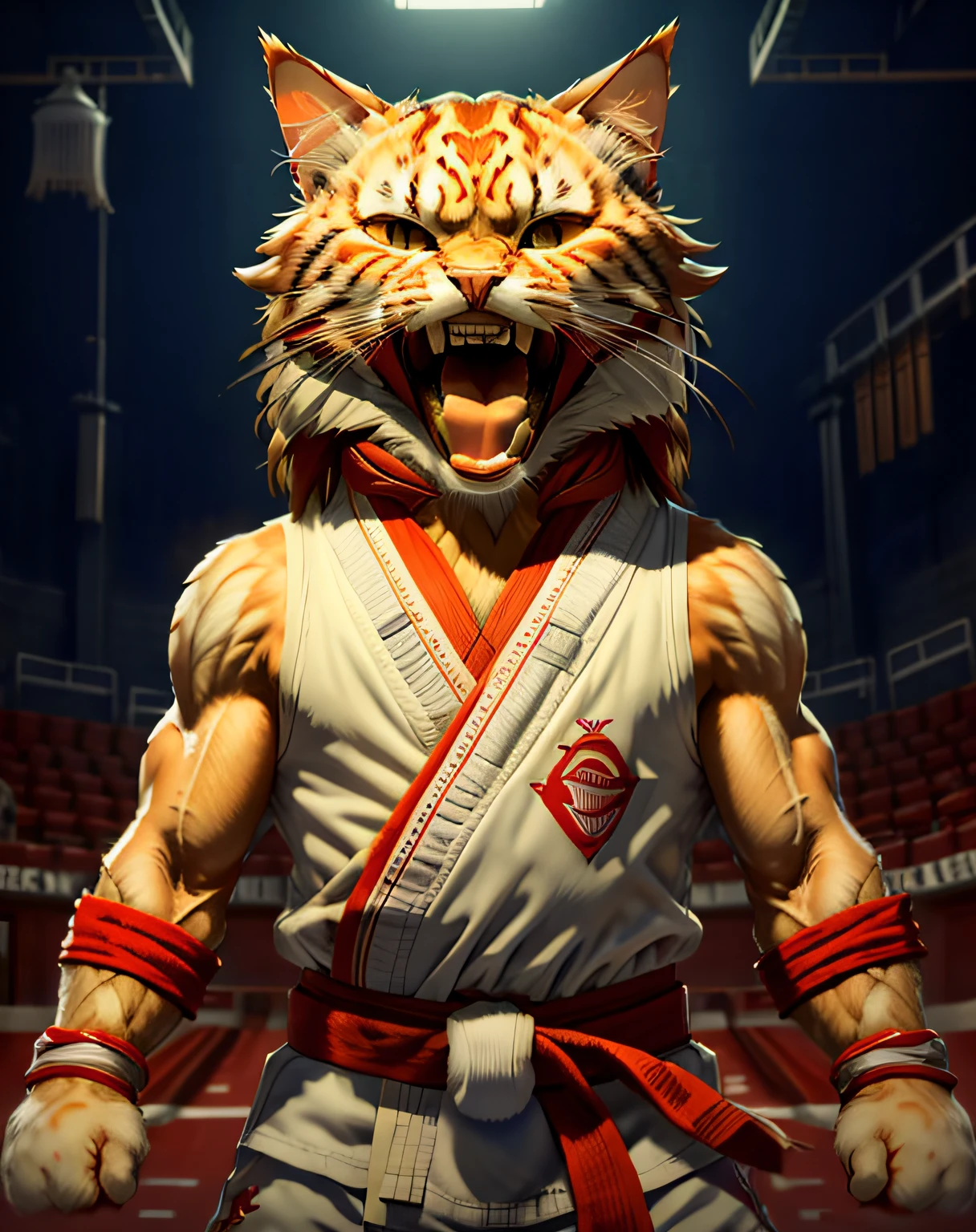 (masterpiece, best quality, beautiful RAW photography:1.4), c4ttitude, wearing white karate outfit, red bandana, focusing energy, street fighter, dynamic pose, screaming:1.4, (showing teeth:1.3), long fangs, dramatic lighting, photorealistic, intricate, highly detailed, (detailed sports arena background:1.1), wallpaper, 8k, trending on artstation