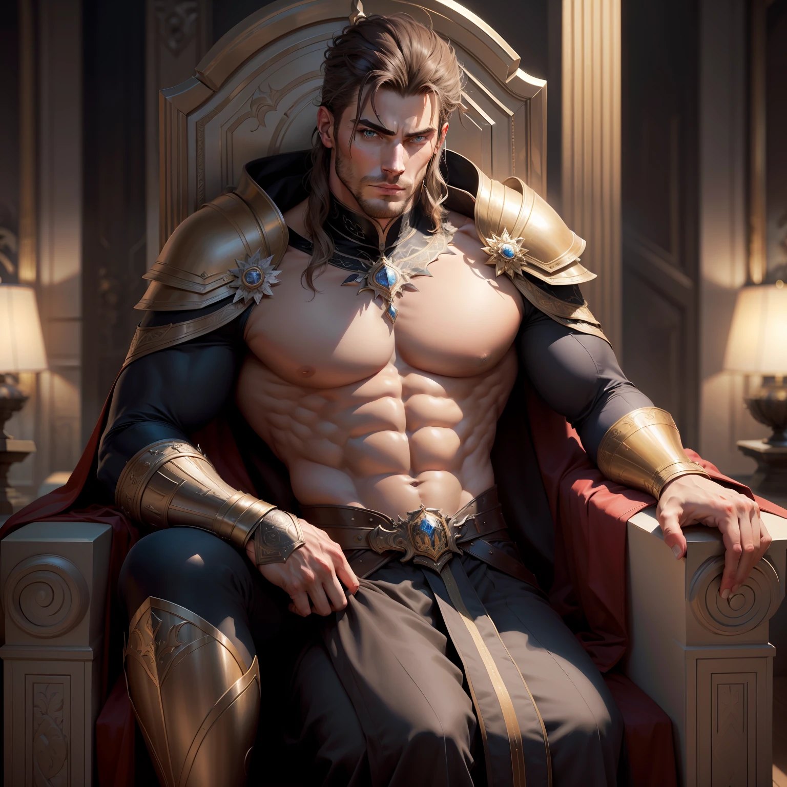 (absurdes, hauts, Ultra detailded), 1 homme, adulte, beau, tall muscular man, broad shoulders, finely detailed eyes and detailed face, cheveux longs, fantaisie, fond magnifique, Throne, effet magique, flamme full body covered with outfit and Armor