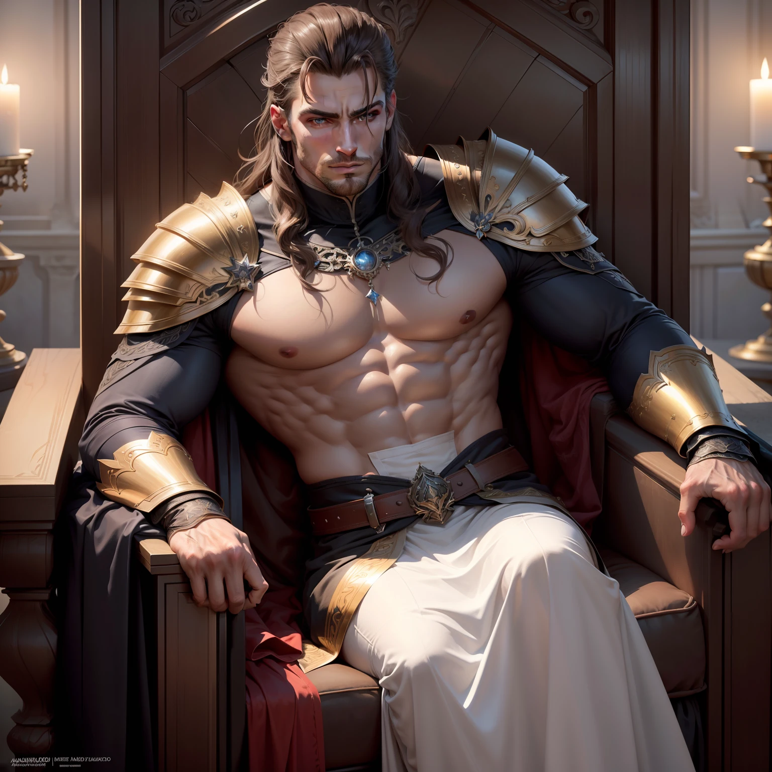 (absurdes, hauts, Ultra detailded), 1 homme, adulte, beau, tall muscular man, broad shoulders, finely detailed eyes and detailed face, cheveux longs, fantaisie, fond magnifique, Throne, effet magique, flamme full body covered with outfit and Armor